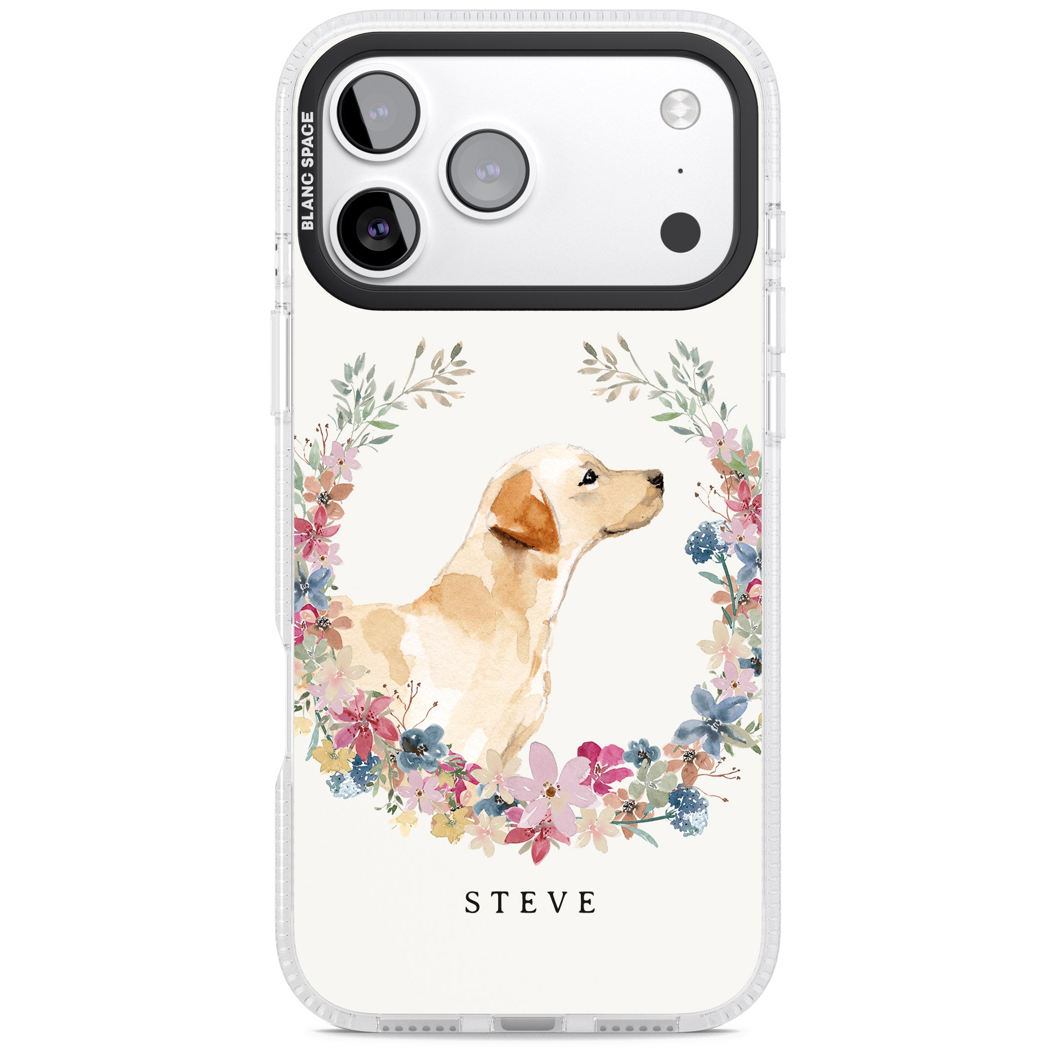 Personalised Yellow Labrador Floral Portrait iPhone 17 Pro Impact Air Clear Phone Case