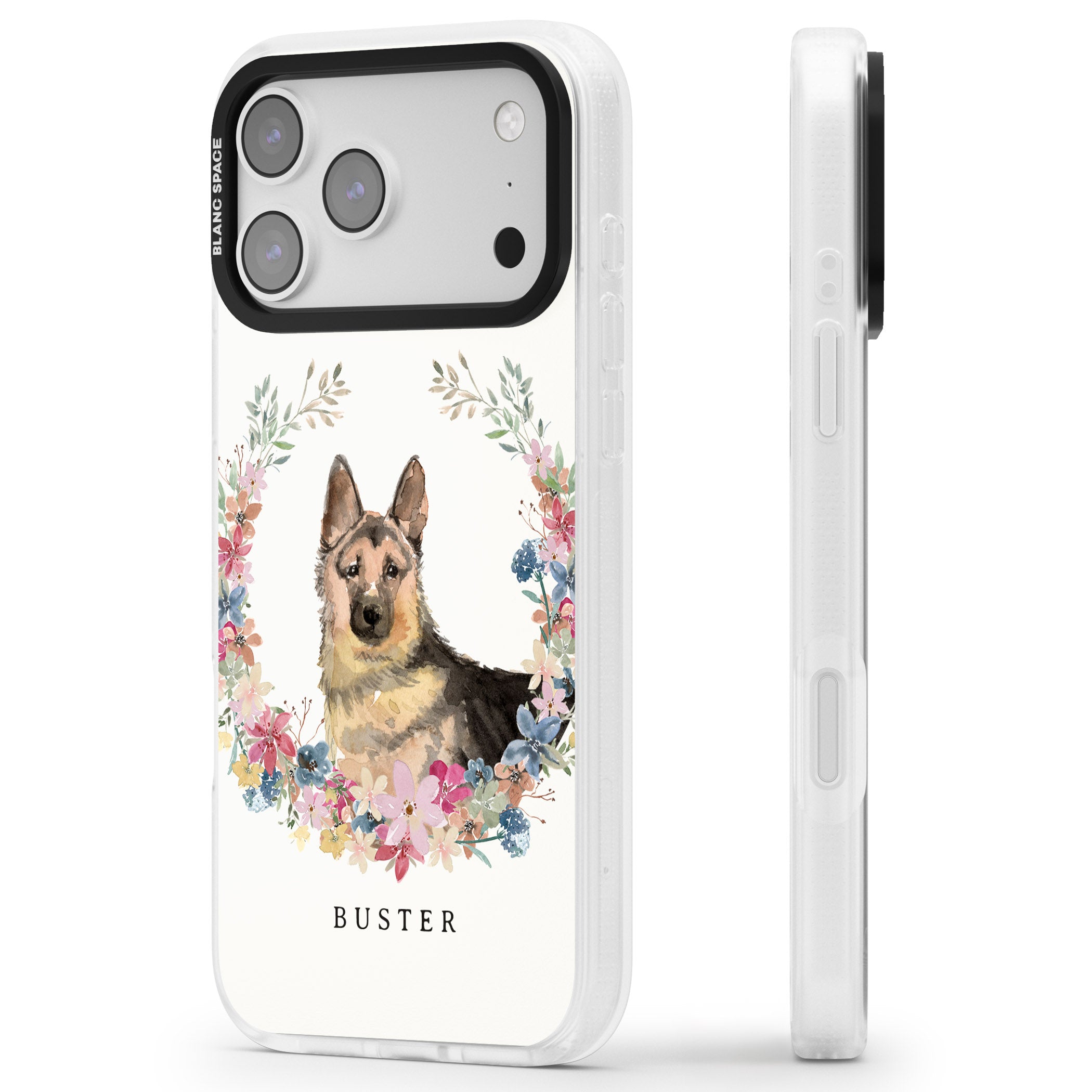 Personalised German Shepherd Floral Portrait iPhone 17 Pro Impact Air Clear Phone Case Side Profile