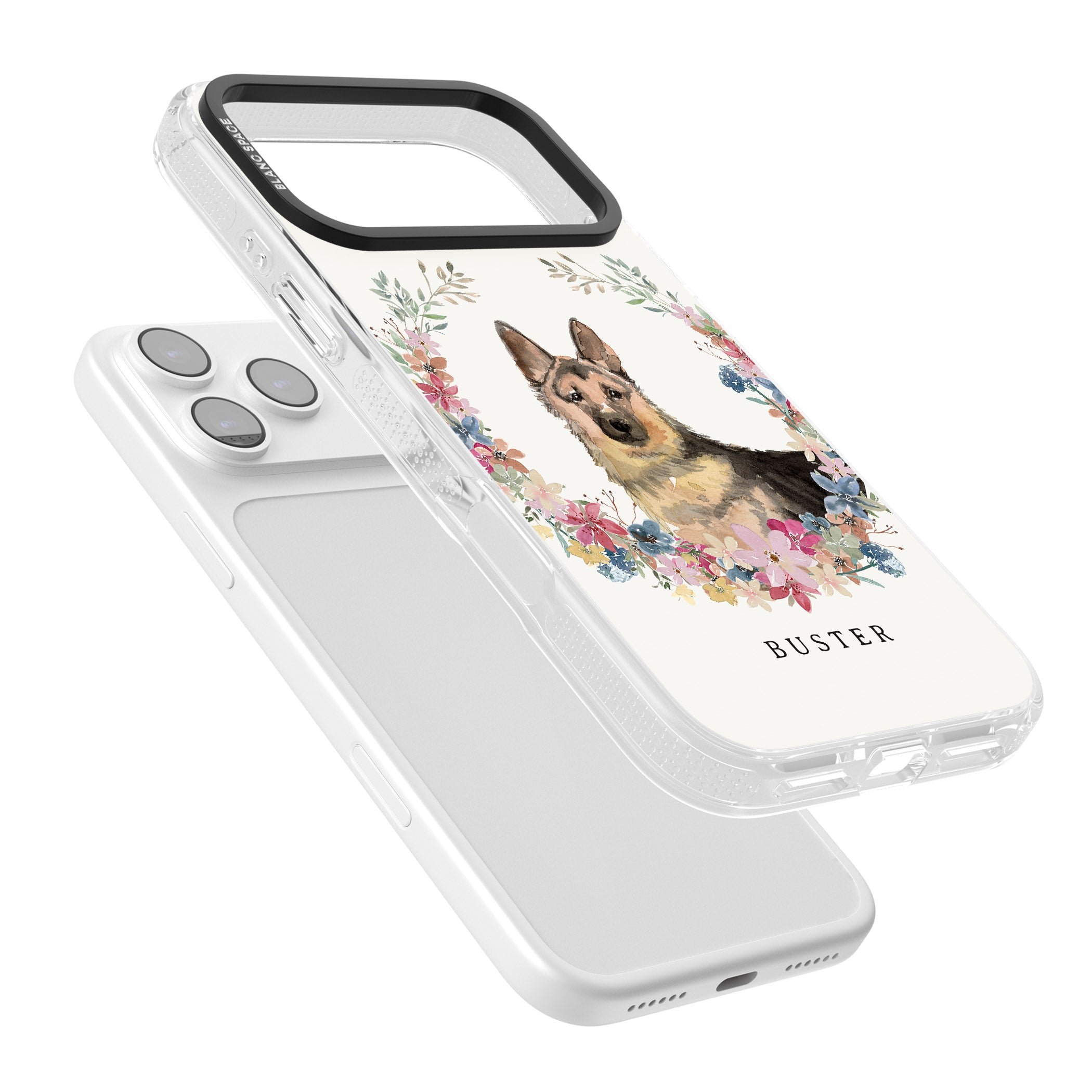 Personalised German Shepherd Floral Portrait iPhone 17 Pro Impact Air Clear Phone Case Colours