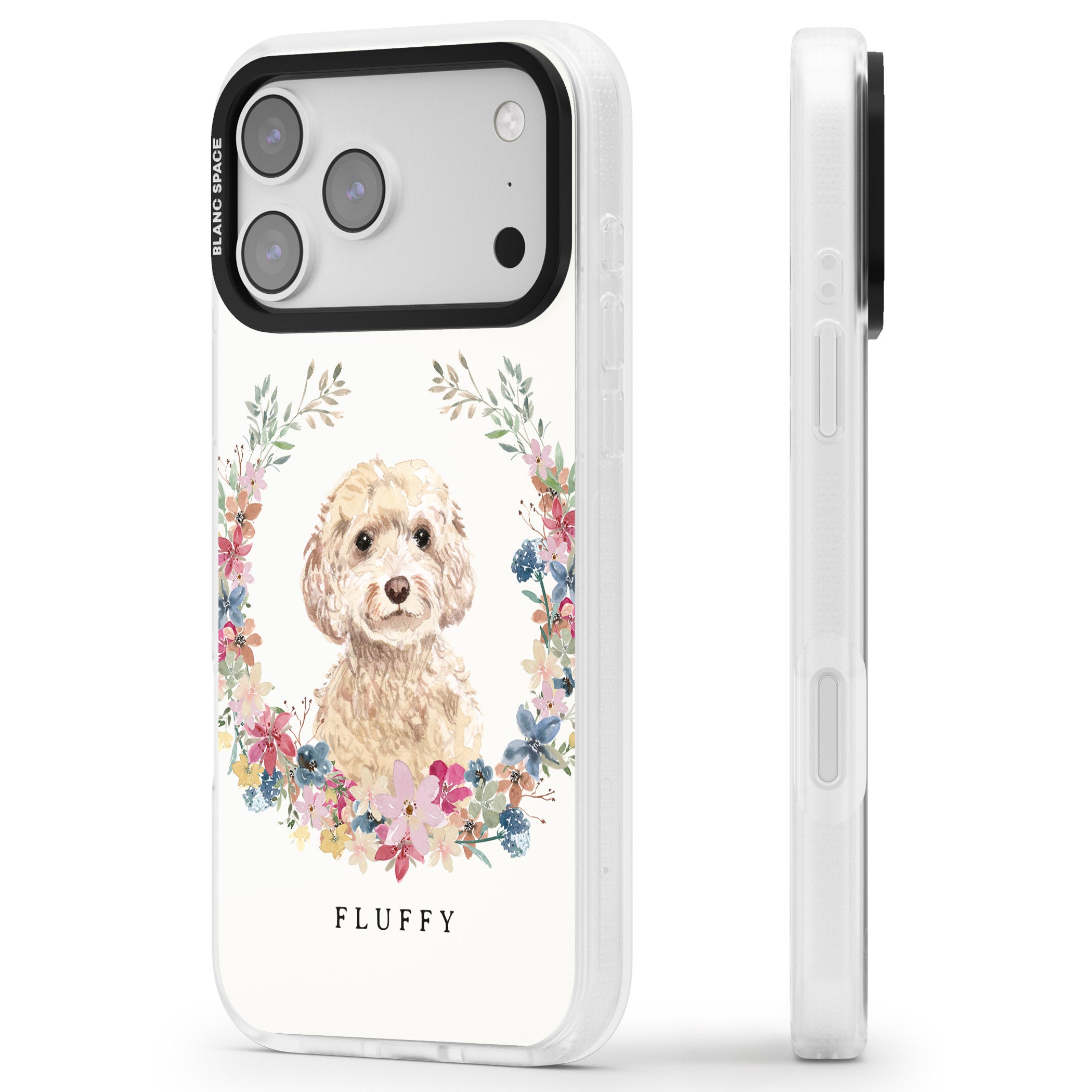 Personalised Champagne Cockapoo Floral Portrait iPhone 17 Pro Impact Air Clear Phone Case Side Profile