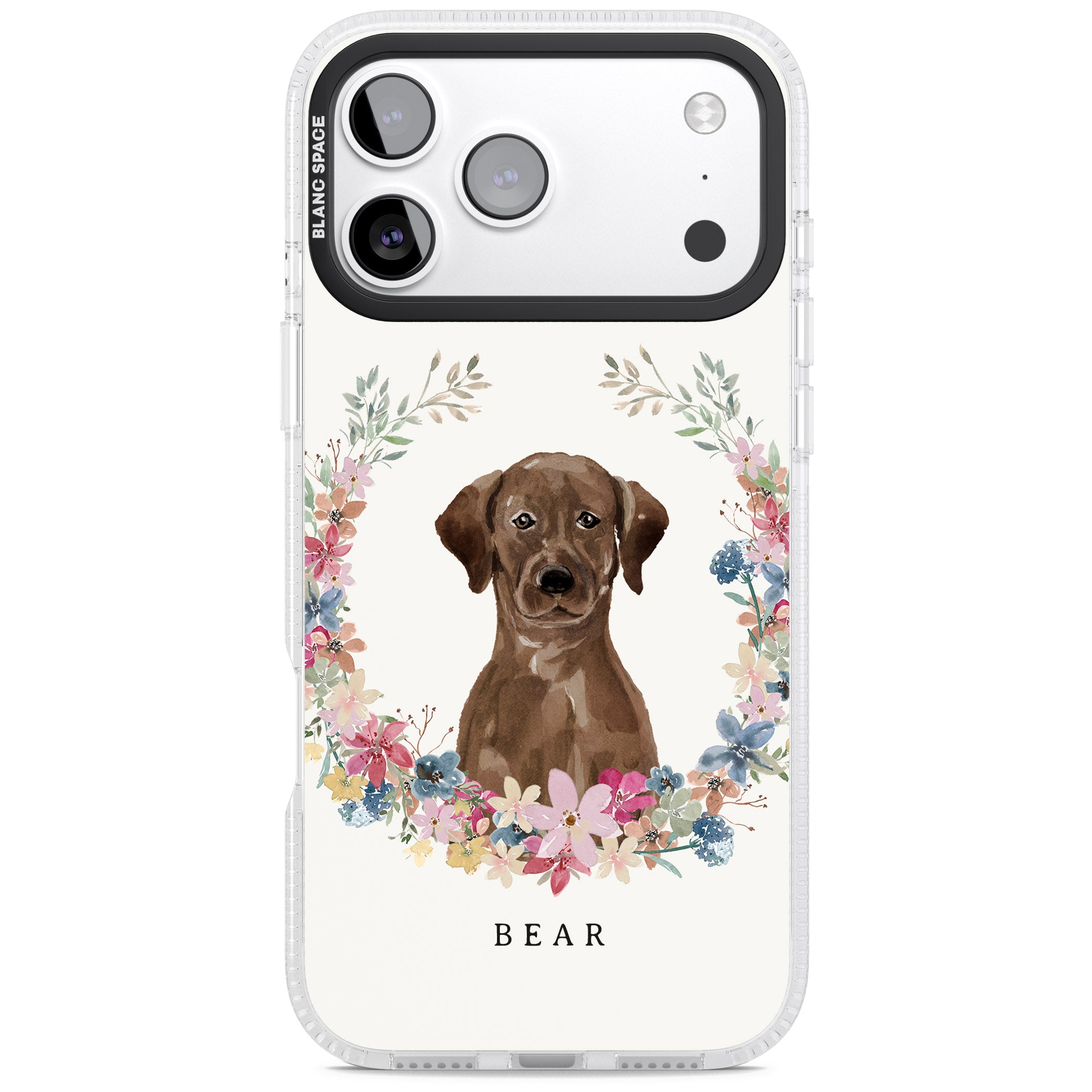 Personalised Chocolate Labrador Floral Portrait iPhone 17 Pro Impact Air Clear Phone Case
