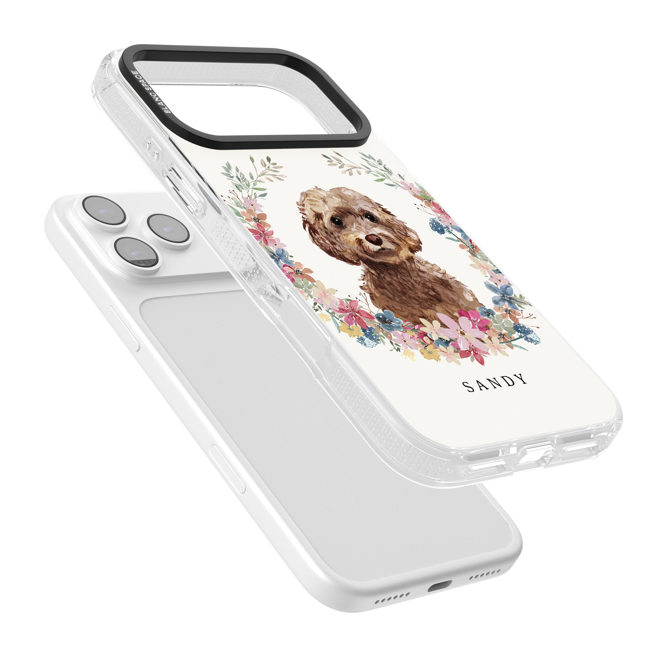 Personalised Brown Cockapoo Floral Portrait iPhone 17 Pro Impact Air Clear Phone Case Colours