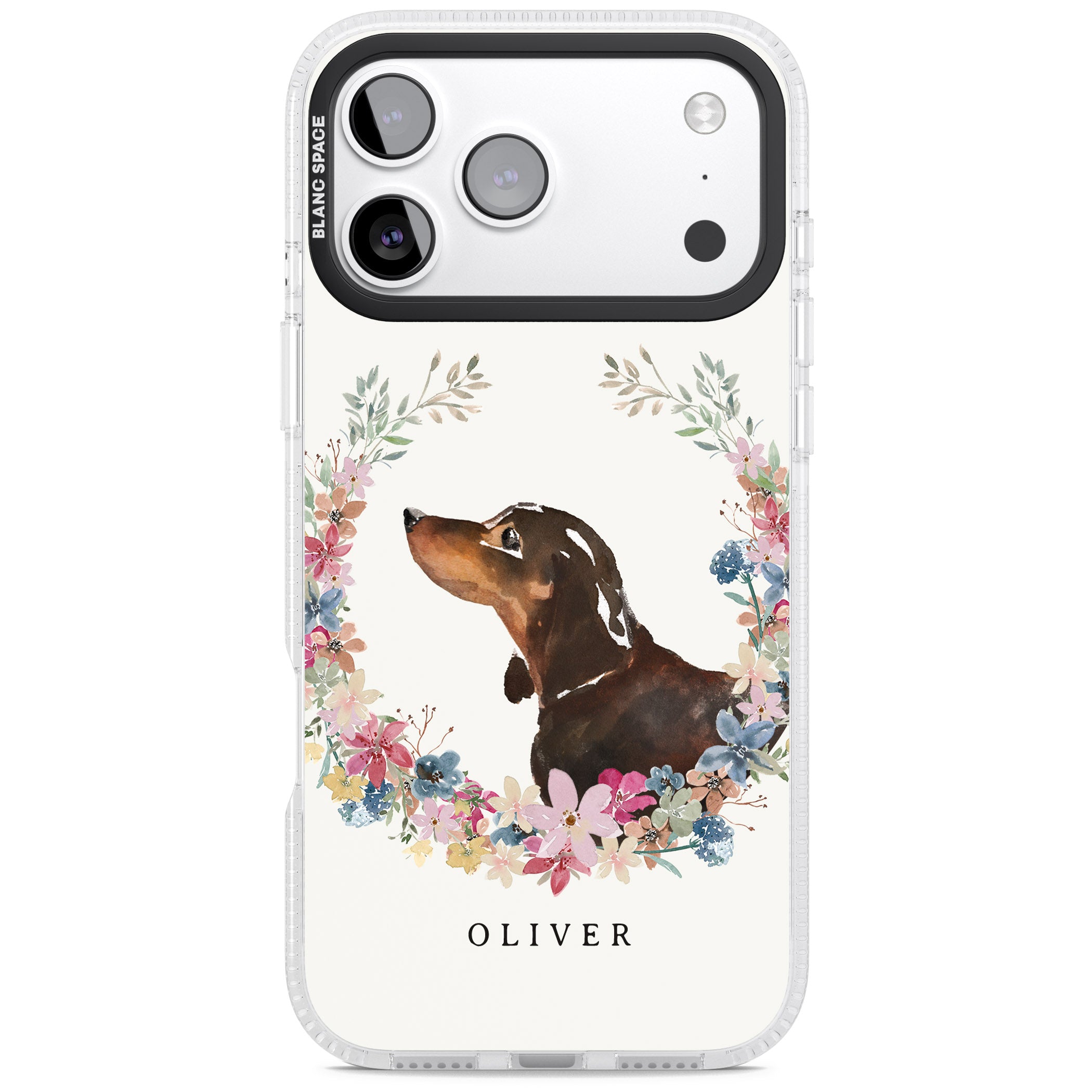 Personalised Black & Tan Dachshund Floral Portrait iPhone 17 Pro Impact Air Clear Phone Case