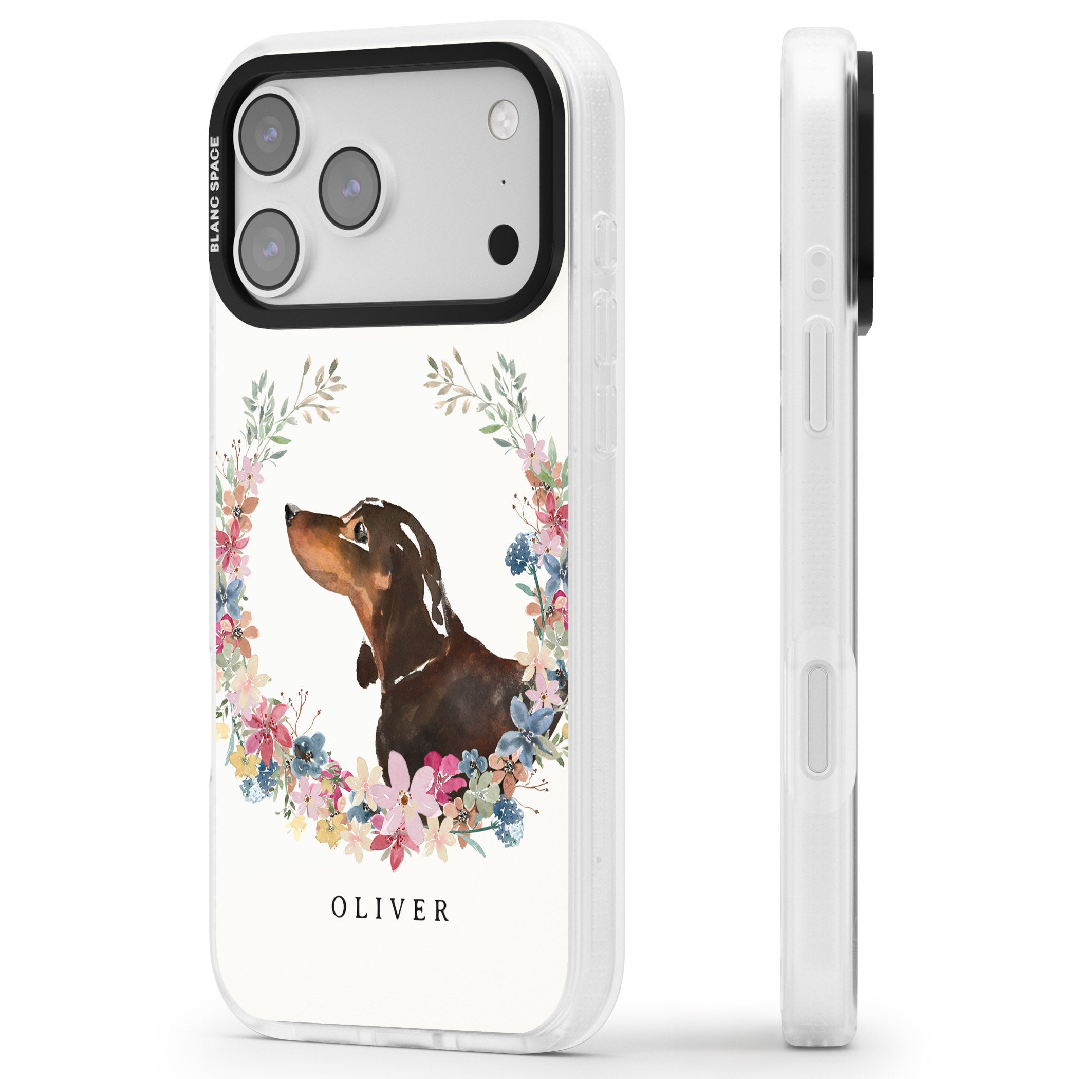 Personalised Black & Tan Dachshund Floral Portrait iPhone 17 Pro Impact Air Clear Phone Case Side Profile