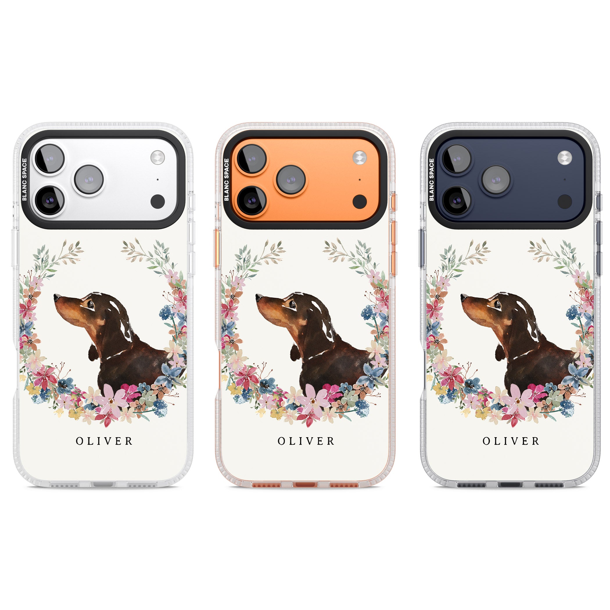 Personalised Black & Tan Dachshund Floral Portrait iPhone 17 Pro Impact Air Clear Phone Case APT Impact Protection