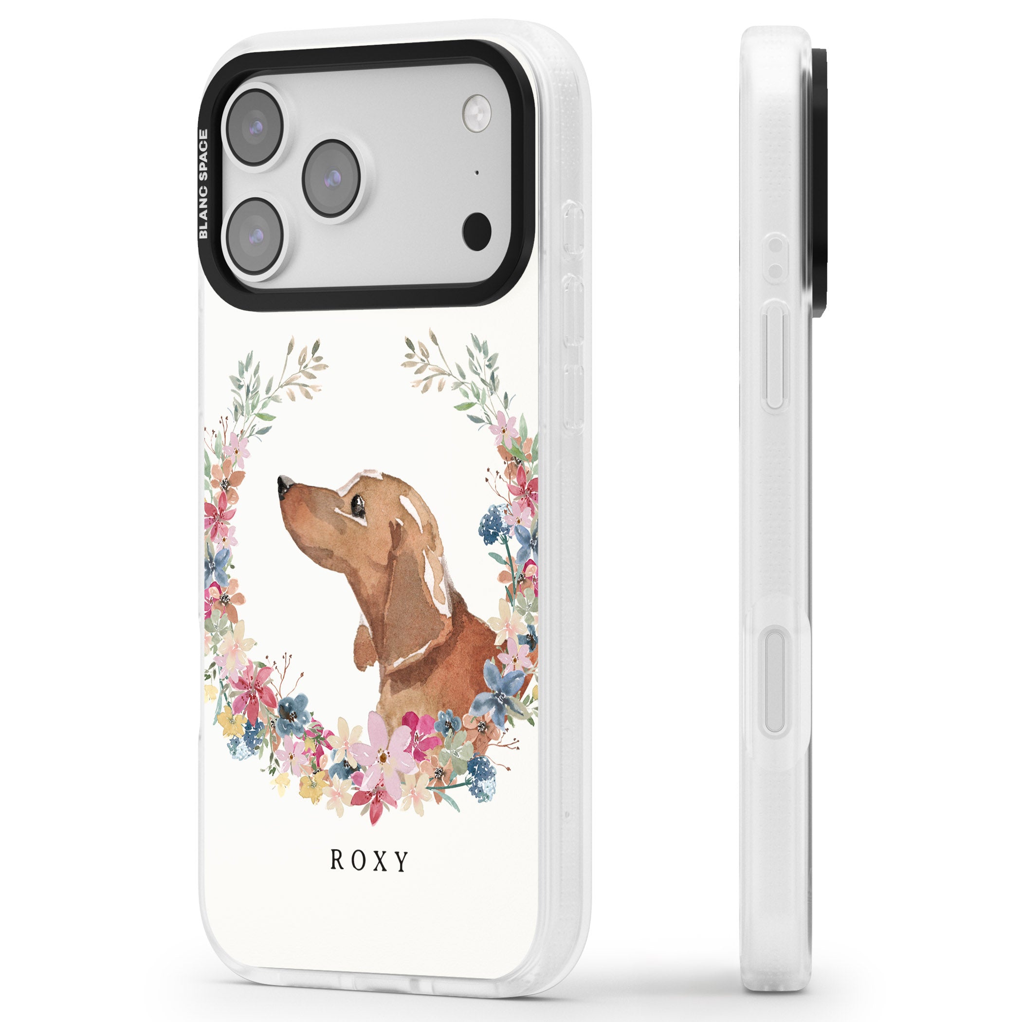 Personalised Tan Dachshund Floral Portrait iPhone 17 Pro Impact Air Clear Phone Case Side Profile