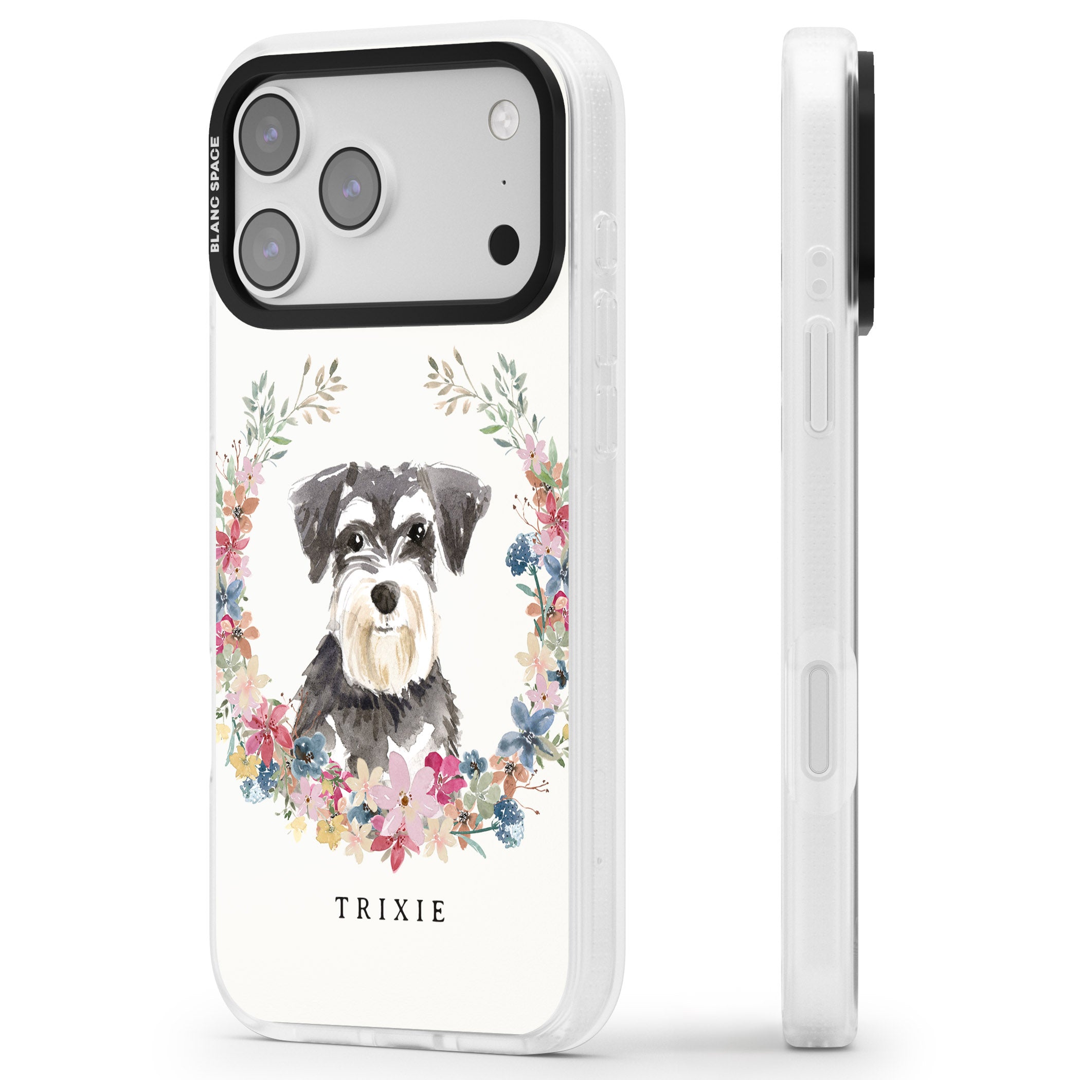 Personalised Watercolor Schnauzer Floral Portrait iPhone 17 Pro Impact Air Clear Phone Case Side Profile