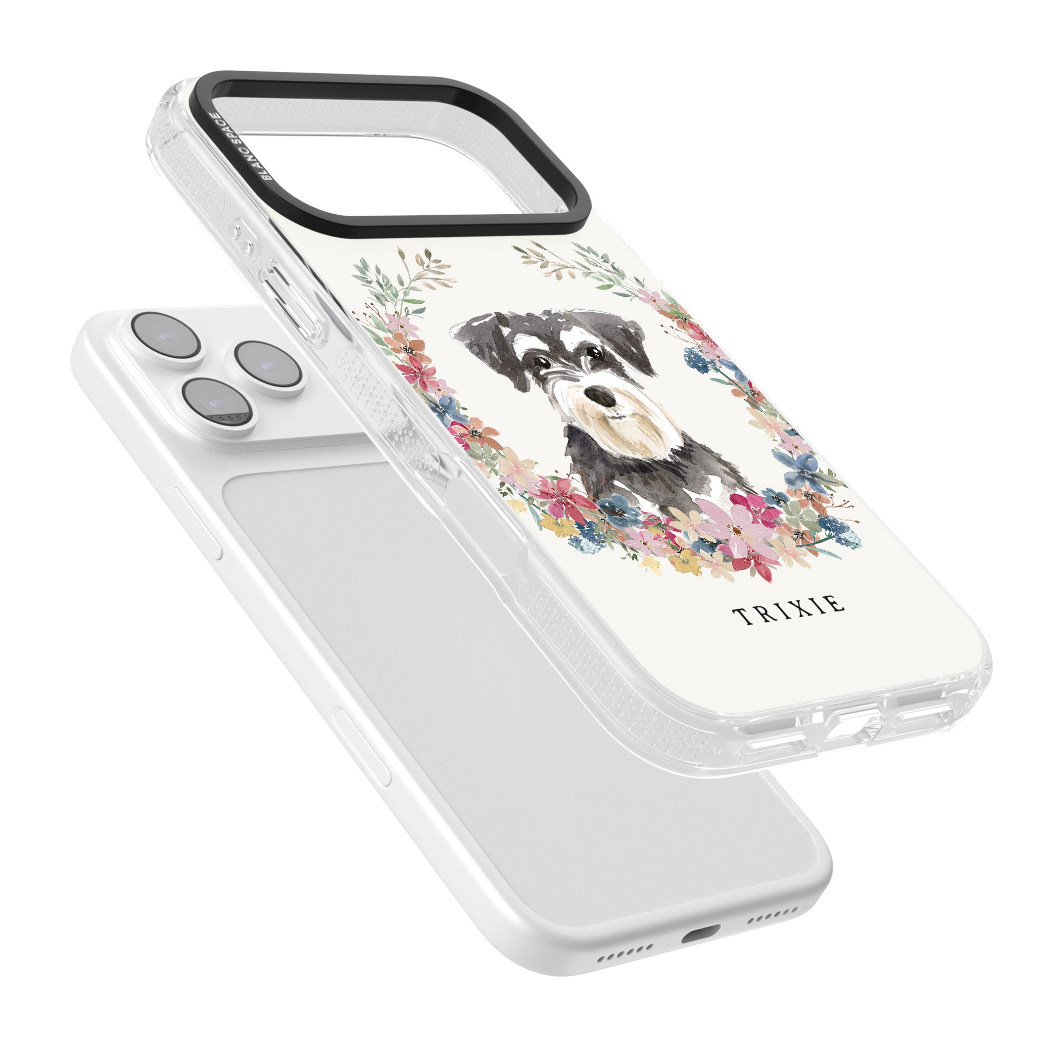 Personalised Watercolor Schnauzer Floral Portrait iPhone 17 Pro Impact Air Clear Phone Case Colours