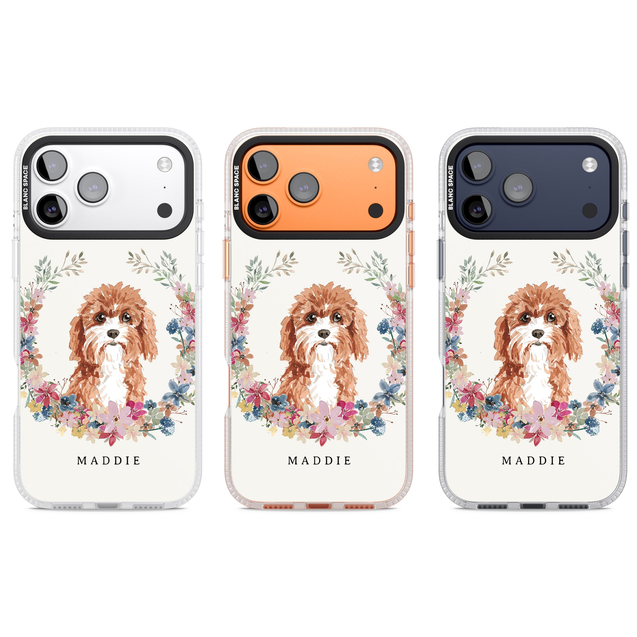Personalised Cavapoo Floral Portrait iPhone 17 Pro Impact Air Clear Phone Case APT Impact Protection