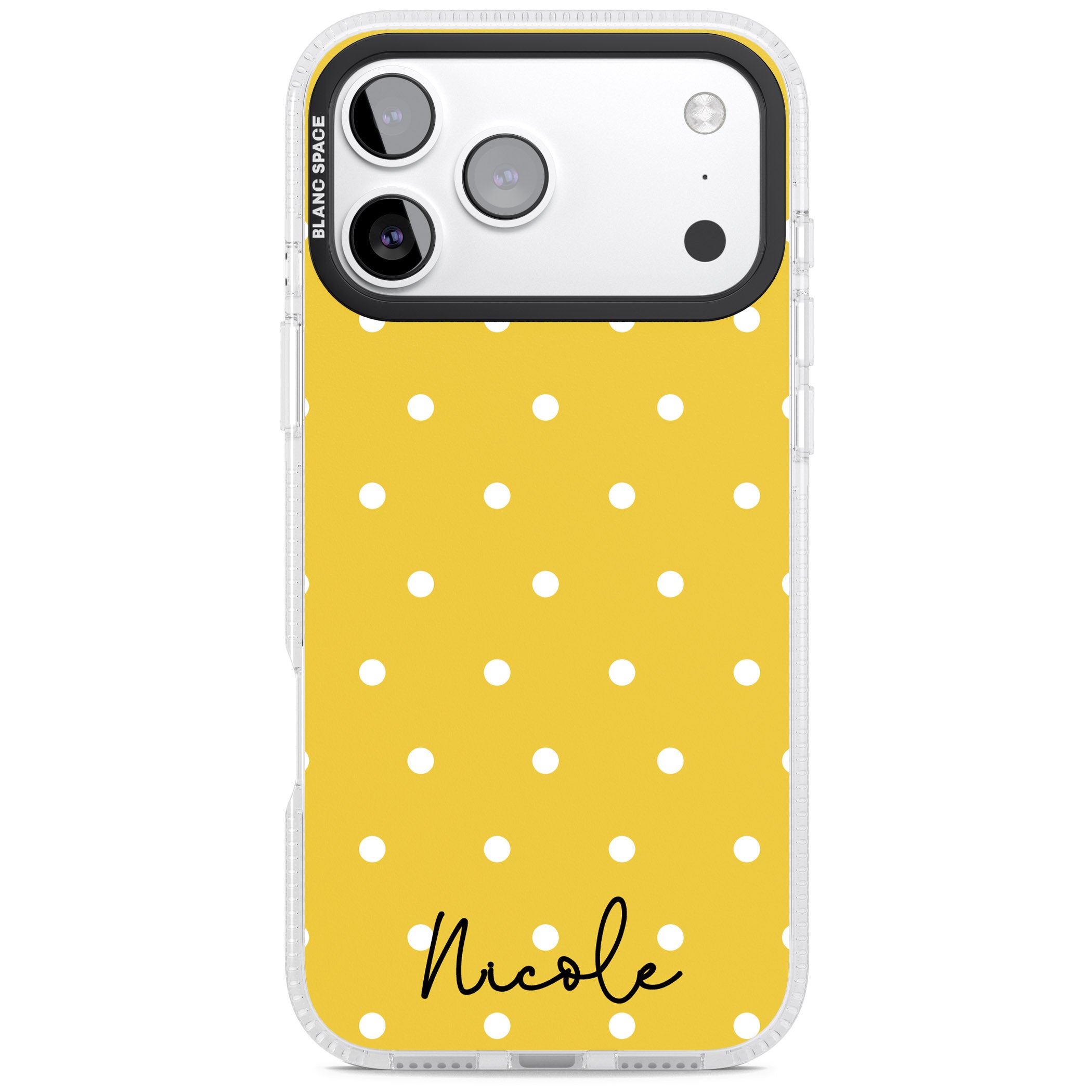 Personalised Yellow Polka Dot iPhone 17 Pro Impact Air Clear Phone Case