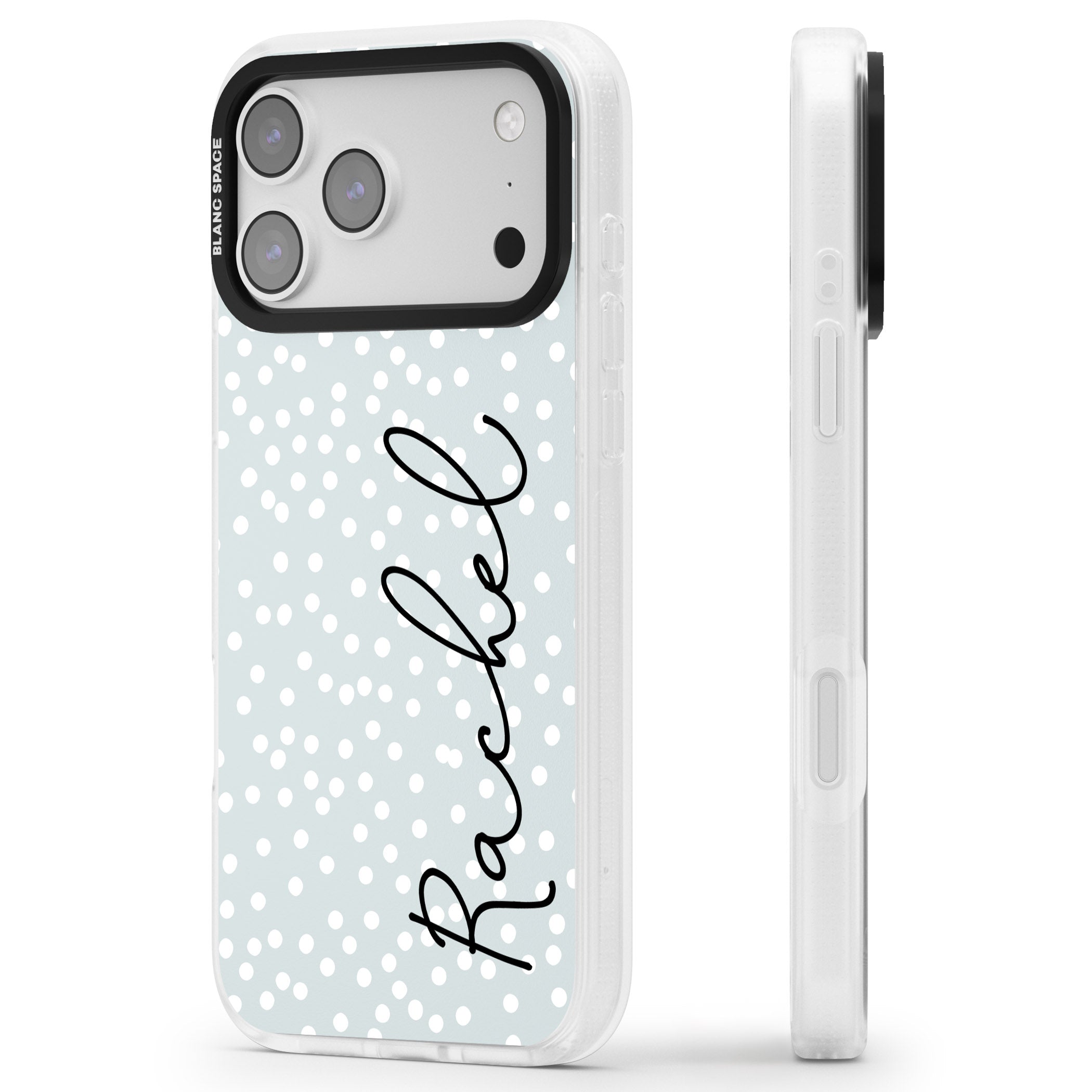 Personalised Vertical Cursive & Dots iPhone 17 Pro Impact Air Clear Phone Case Side Profile