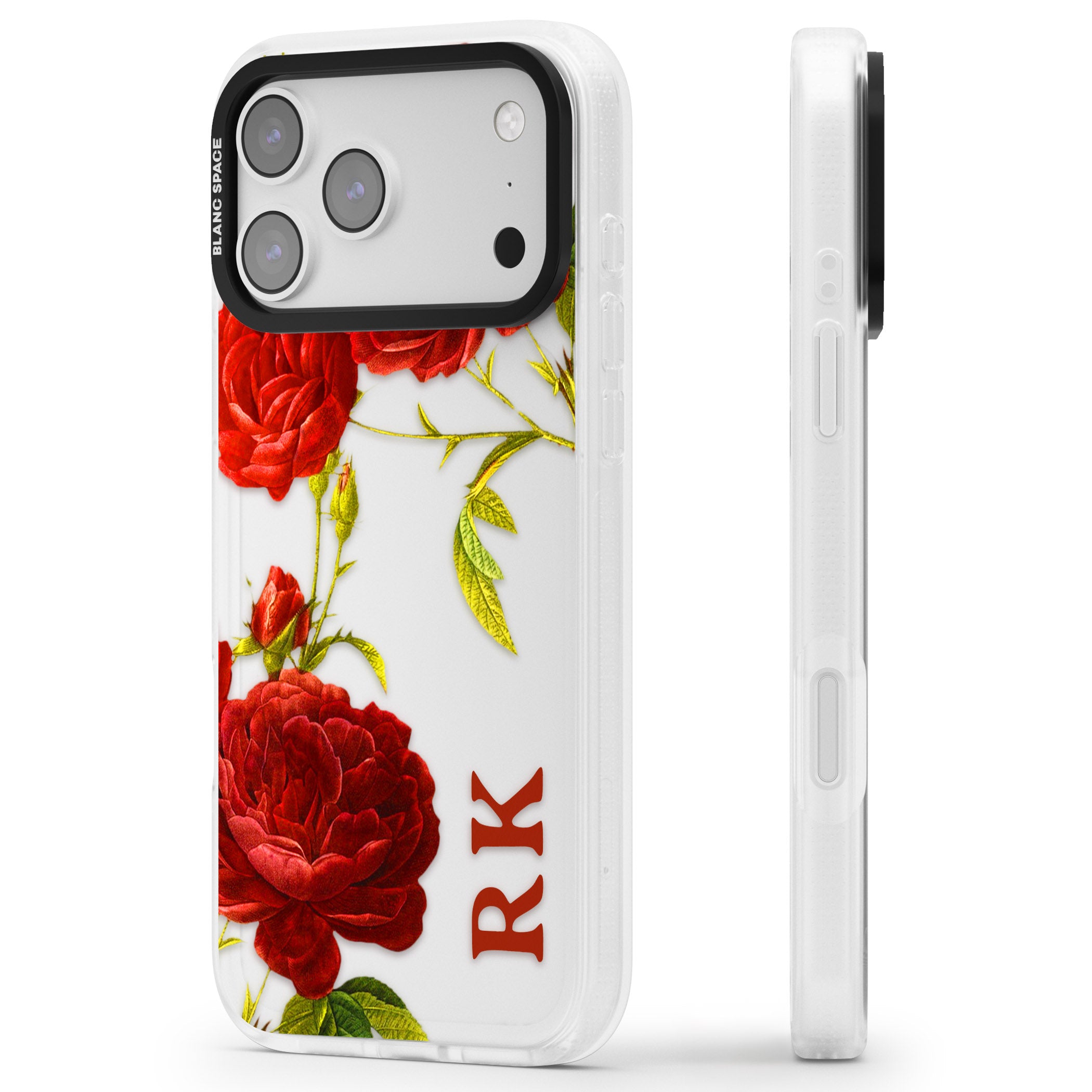 Personalised Vintage Floral Red Roses iPhone 17 Pro Impact Air Clear Phone Case Side Profile