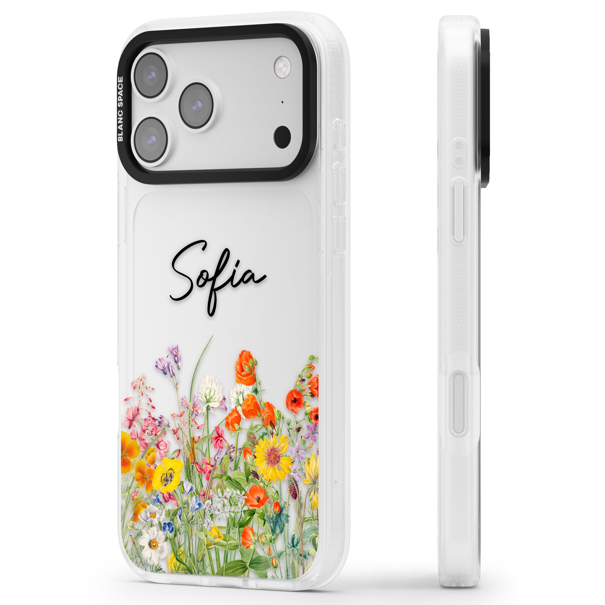 Personalised Summer Wildflowers iPhone 17 Pro Impact Air Clear Phone Case Side Profile