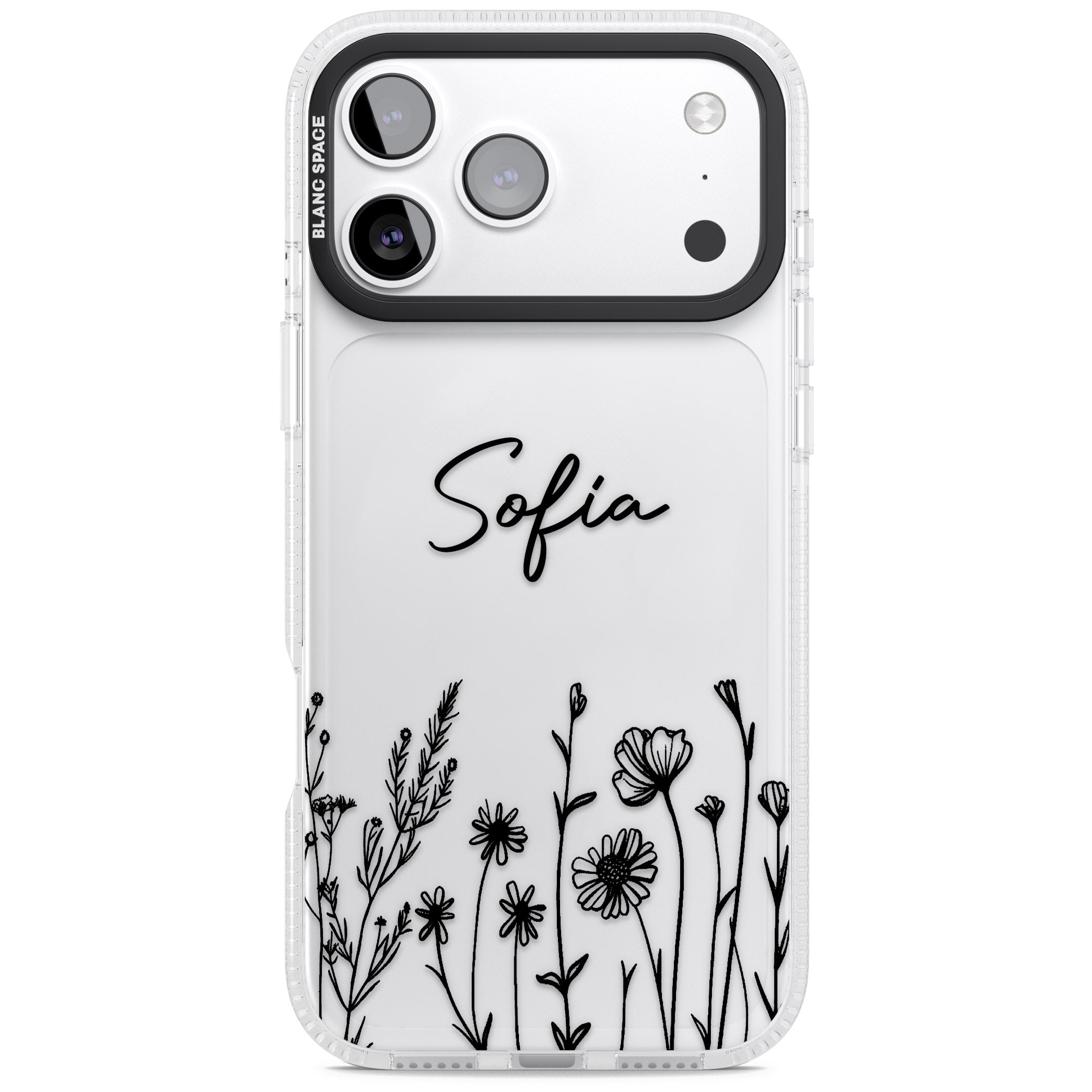 Personalised Black Wildflowers iPhone 17 Pro Impact Air Clear Phone Case