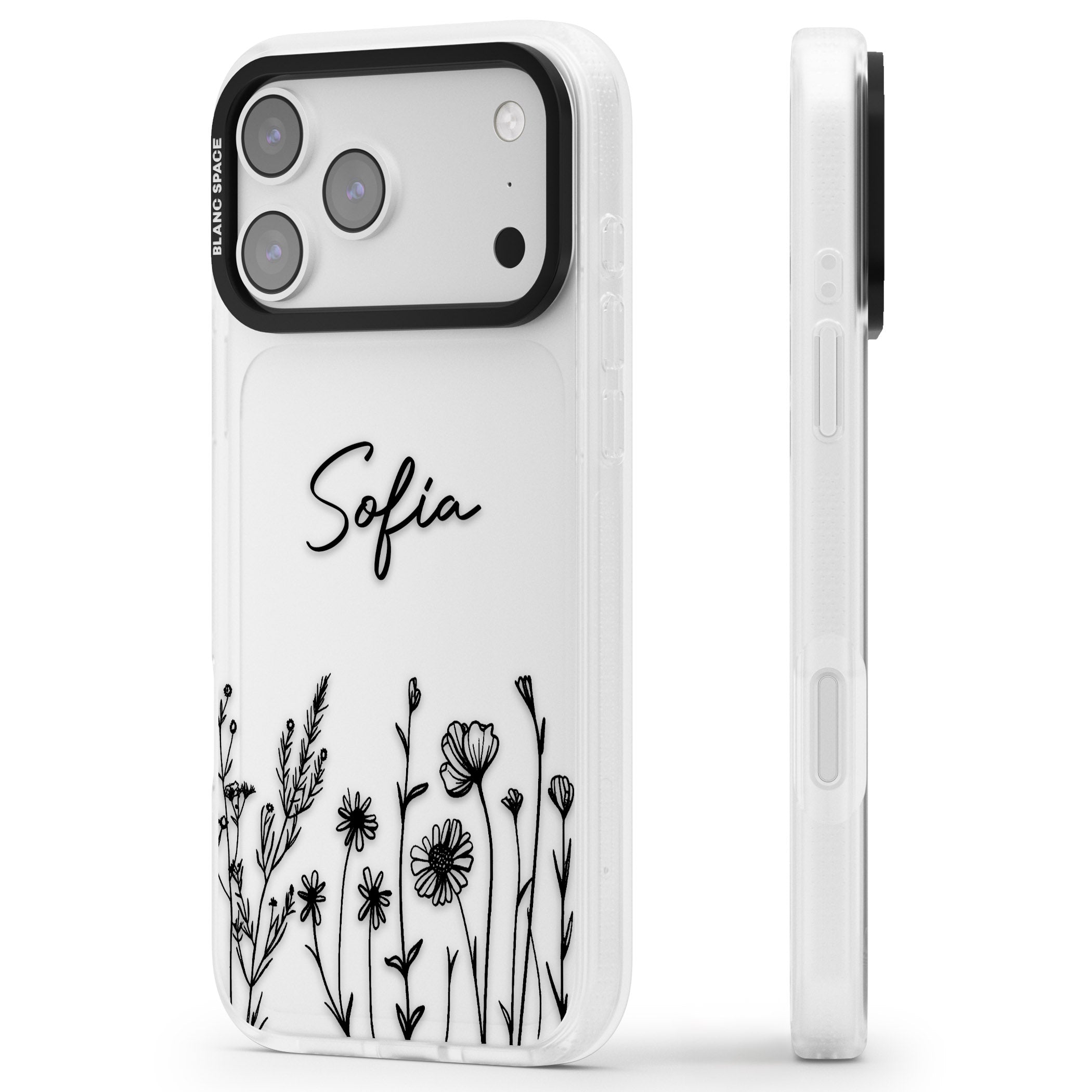 Personalised Black Wildflowers iPhone 17 Pro Impact Air Clear Phone Case Side Profile