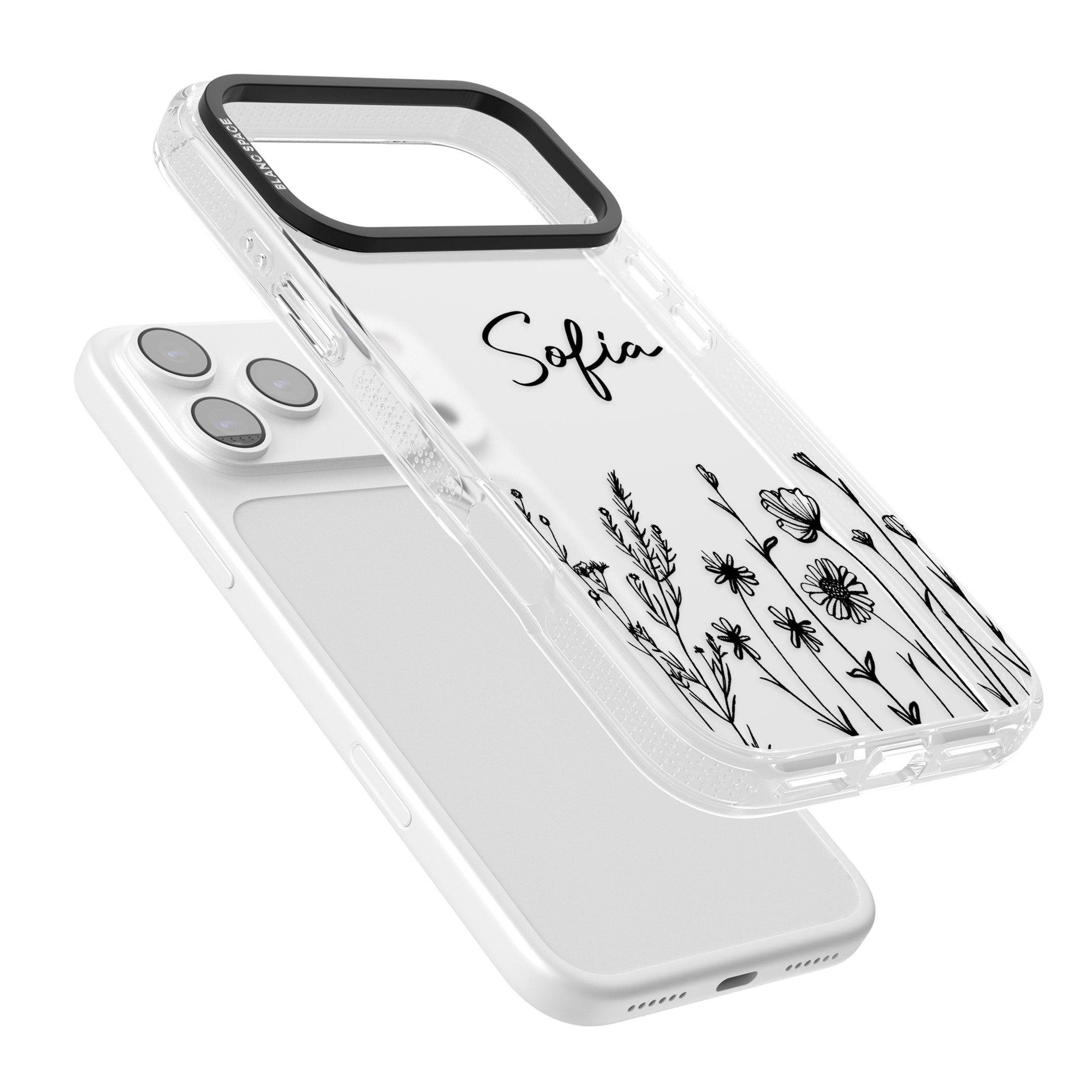 Personalised Black Wildflowers iPhone 17 Pro Impact Air Clear Phone Case Colours