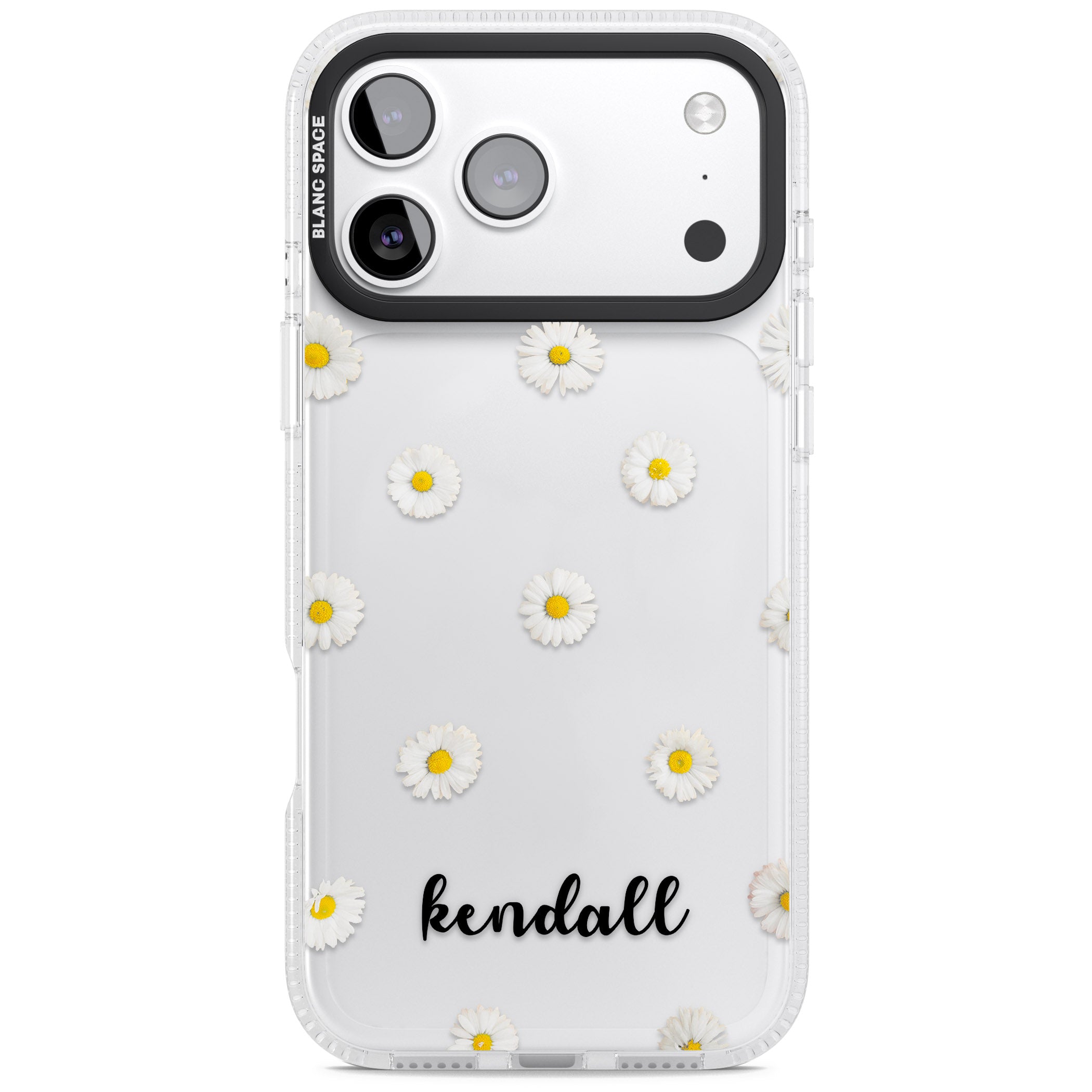 Personalised White Daisies & Cursive iPhone 17 Pro Impact Air Clear Phone Case