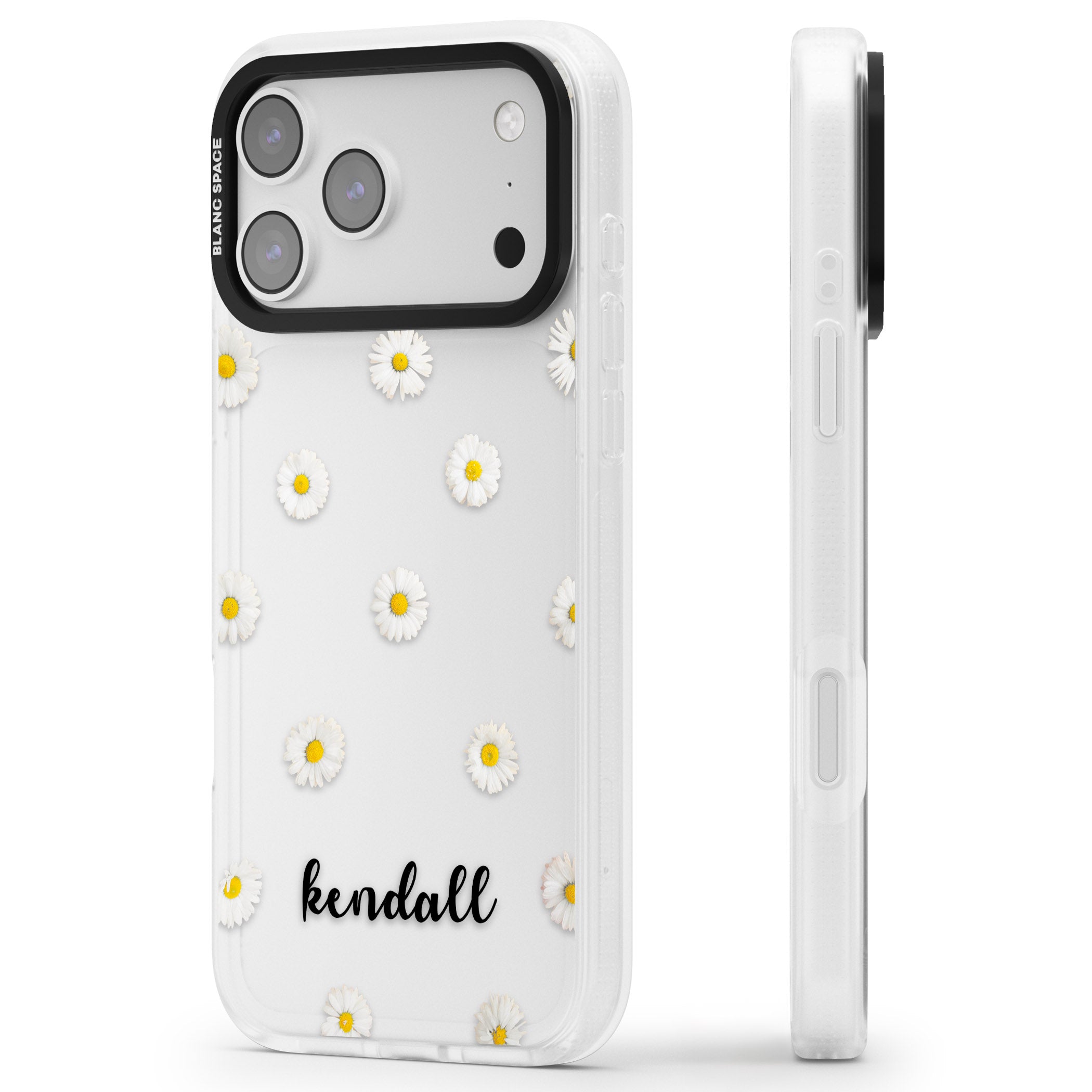 Personalised White Daisies & Cursive iPhone 17 Pro Impact Air Clear Phone Case Side Profile