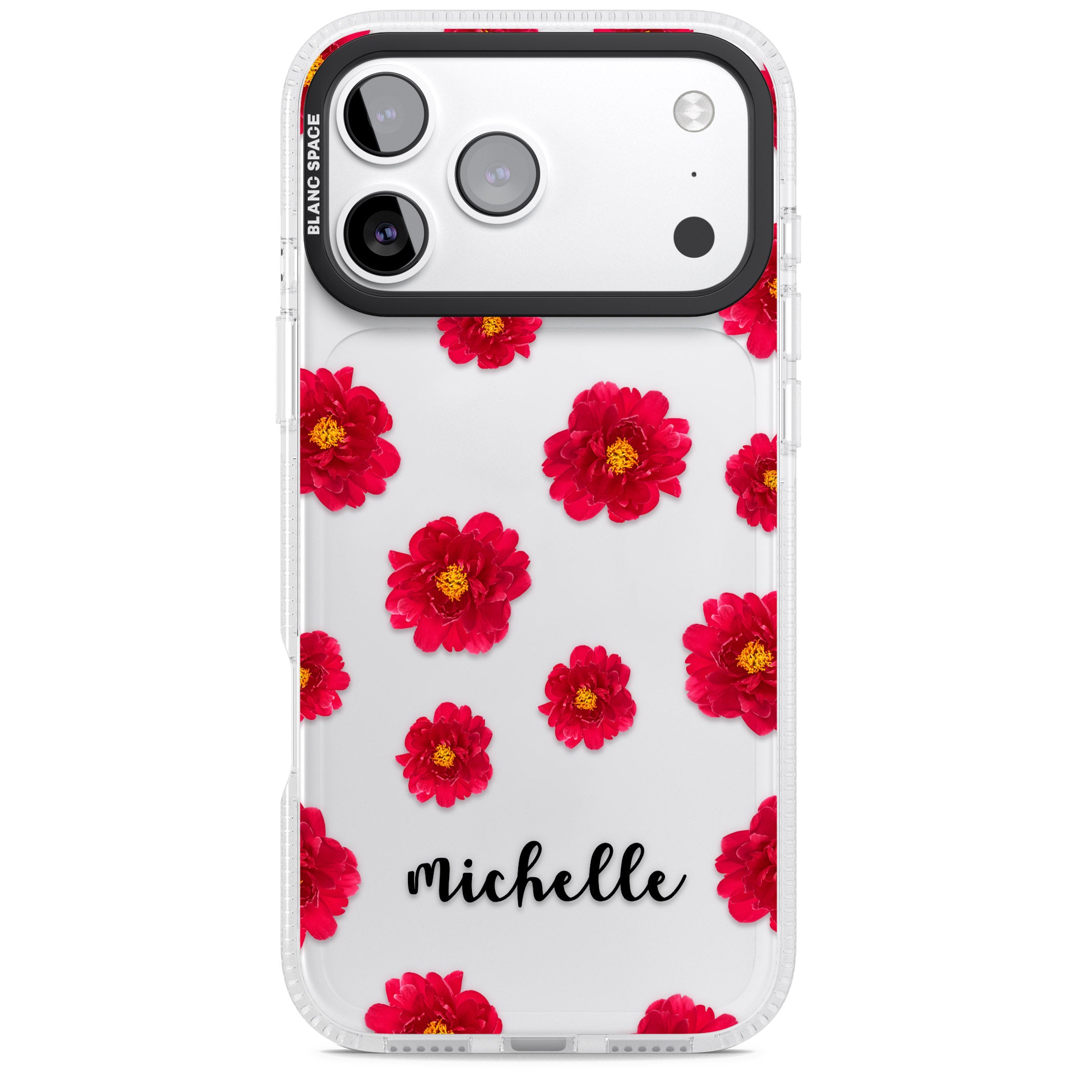 Personalised Red Peonies & Cursive iPhone 17 Pro Impact Air Clear Phone Case