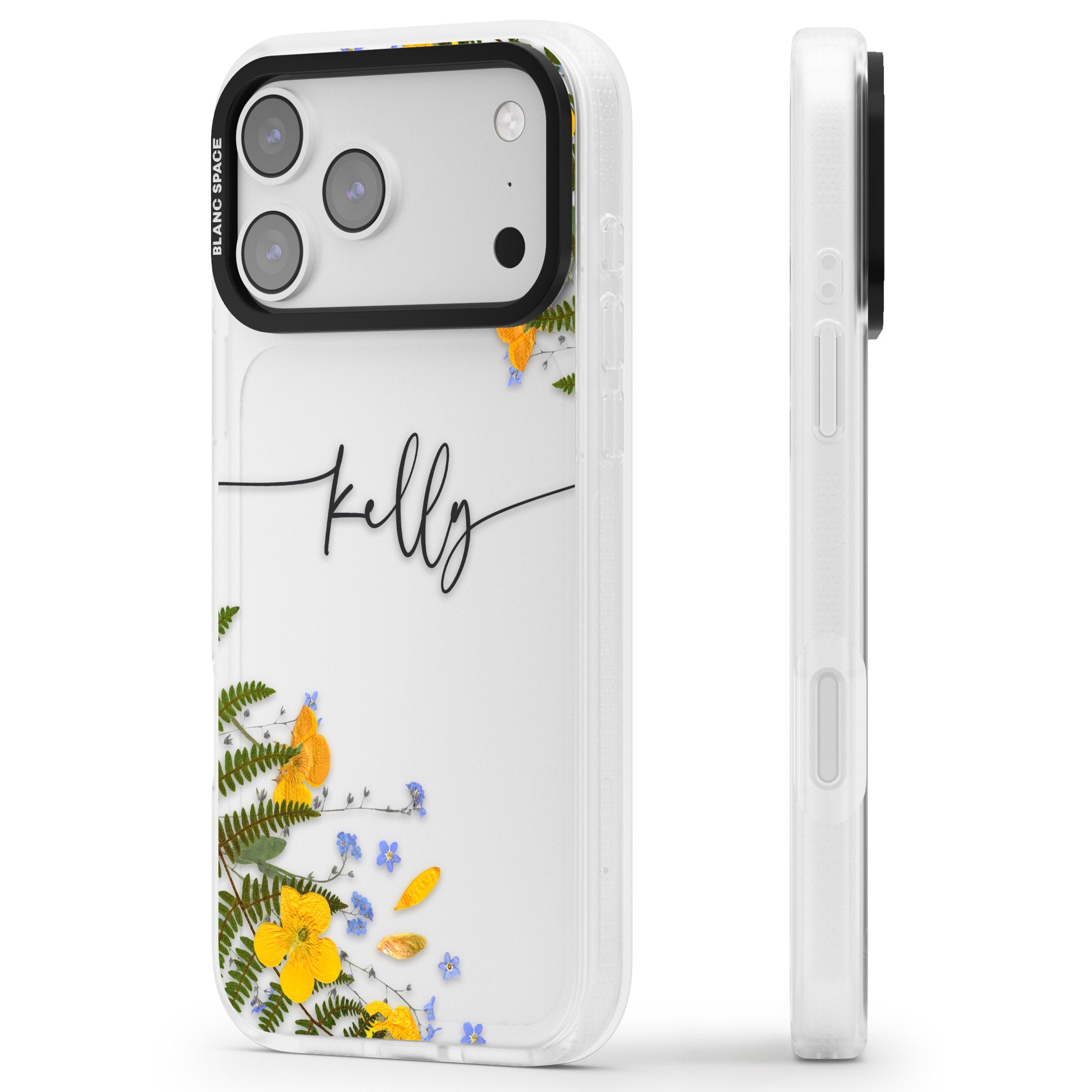 Personalised Ferns & Wildflowers iPhone 17 Pro Impact Air Clear Phone Case Side Profile