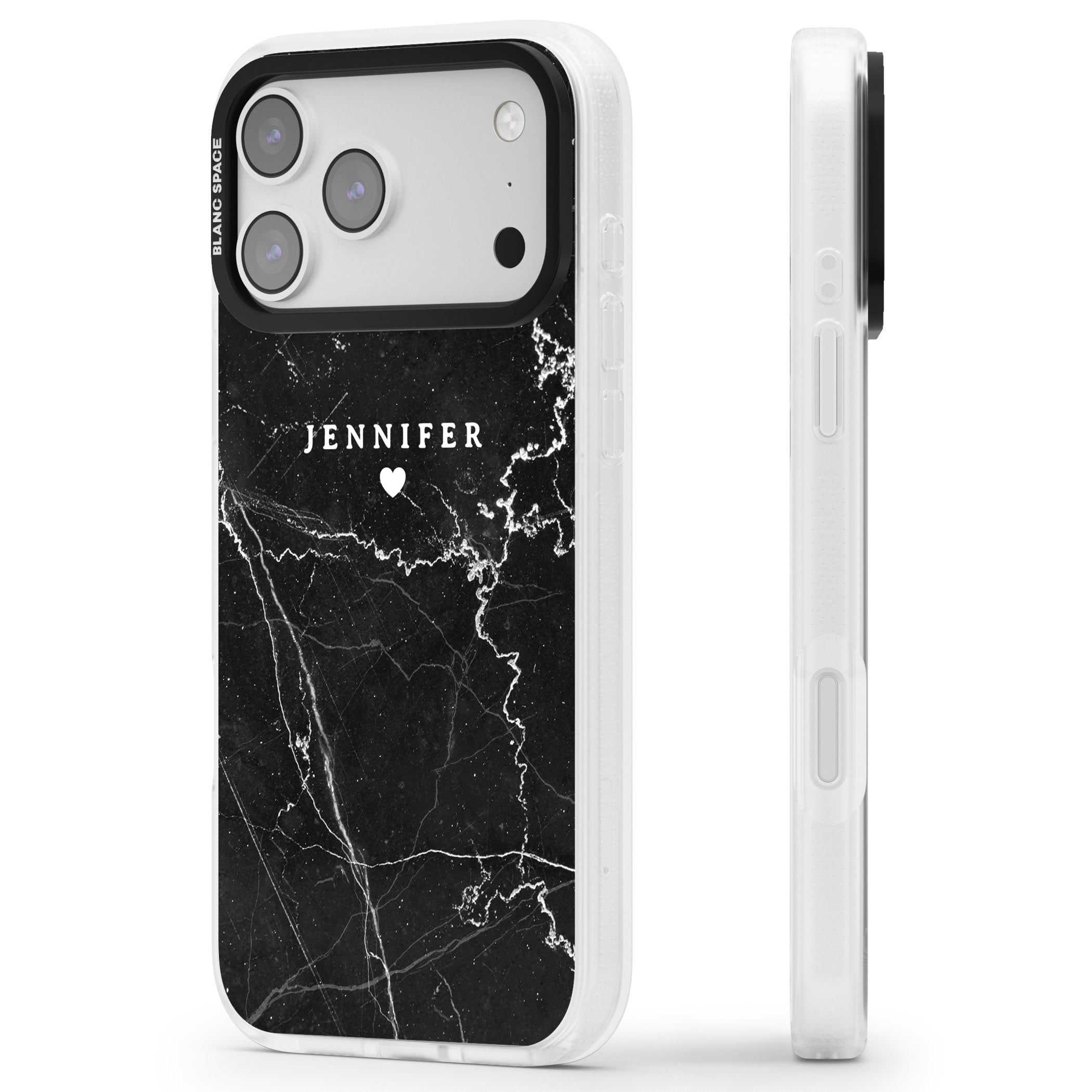Personalised Black Marble iPhone 17 Pro Impact Air Clear Phone Case Side Profile