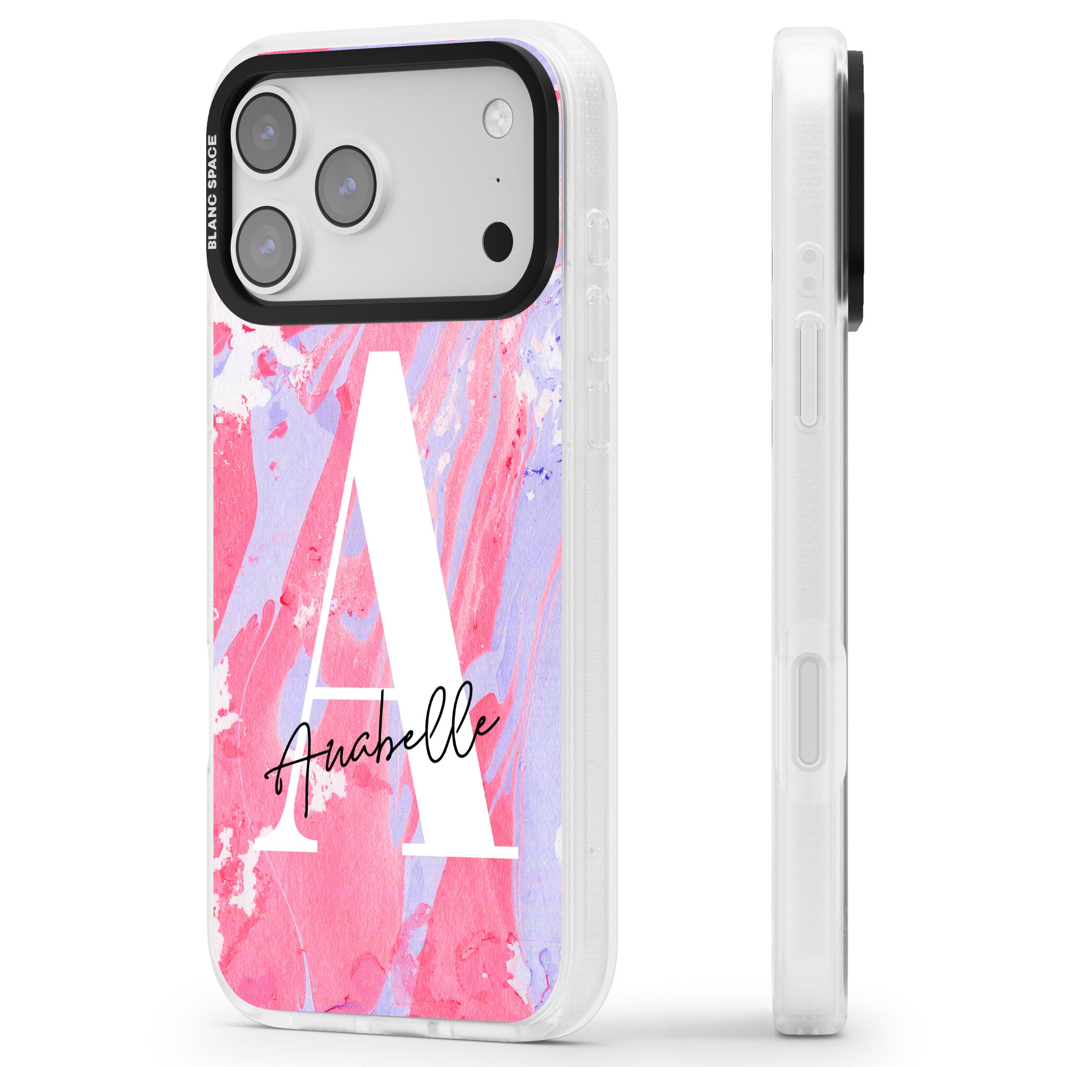 Personalised Pink & Purple Marble iPhone 17 Pro Impact Air Clear Phone Case Side Profile