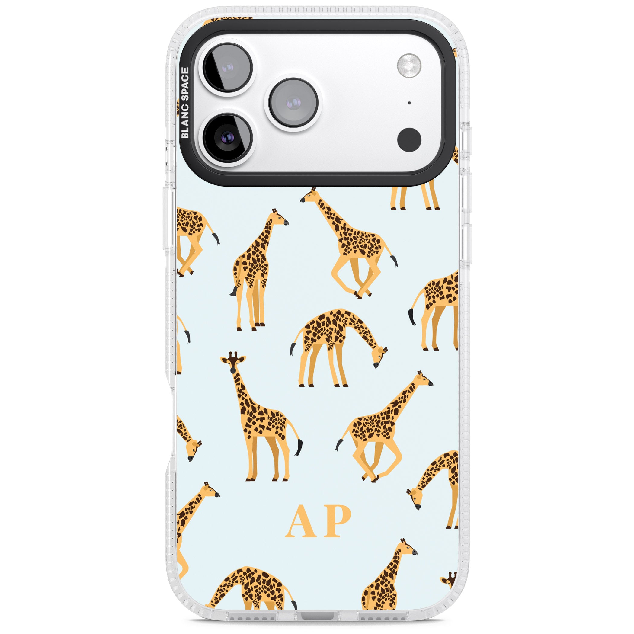 Personalised Safari Giraffe Pattern On Blue iPhone 17 Pro Impact Air Clear Phone Case