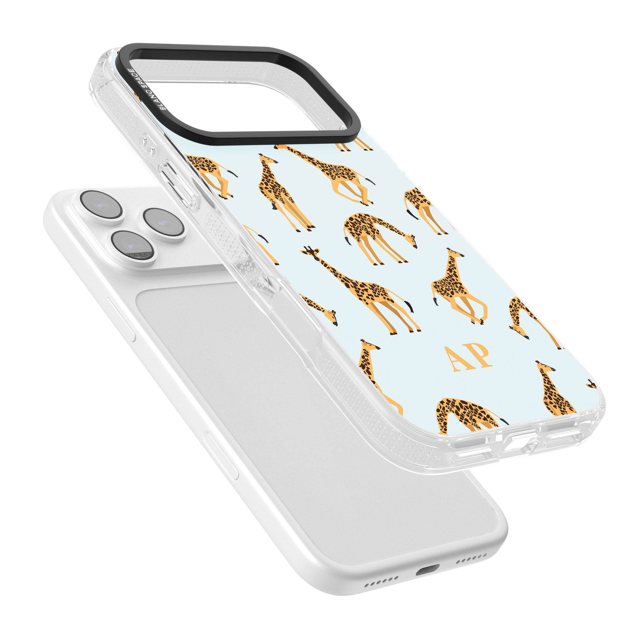 Personalised Safari Giraffe Pattern On Blue iPhone 17 Pro Impact Air Clear Phone Case Colours