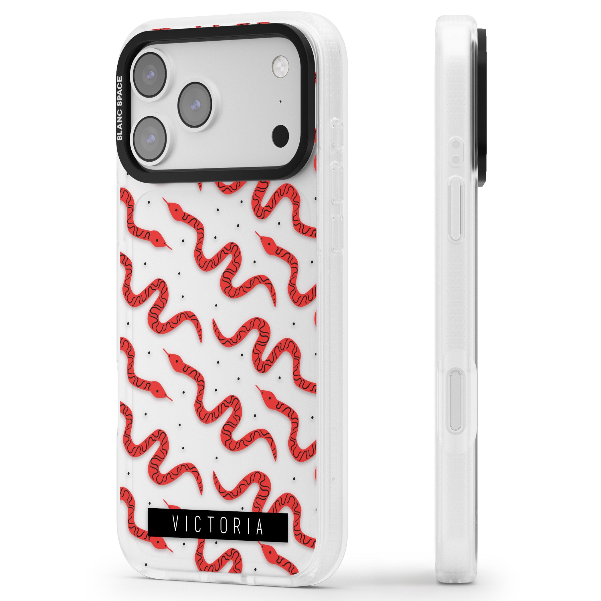 Personalised Red Snake Pattern iPhone 17 Pro Impact Air Clear Phone Case Side Profile