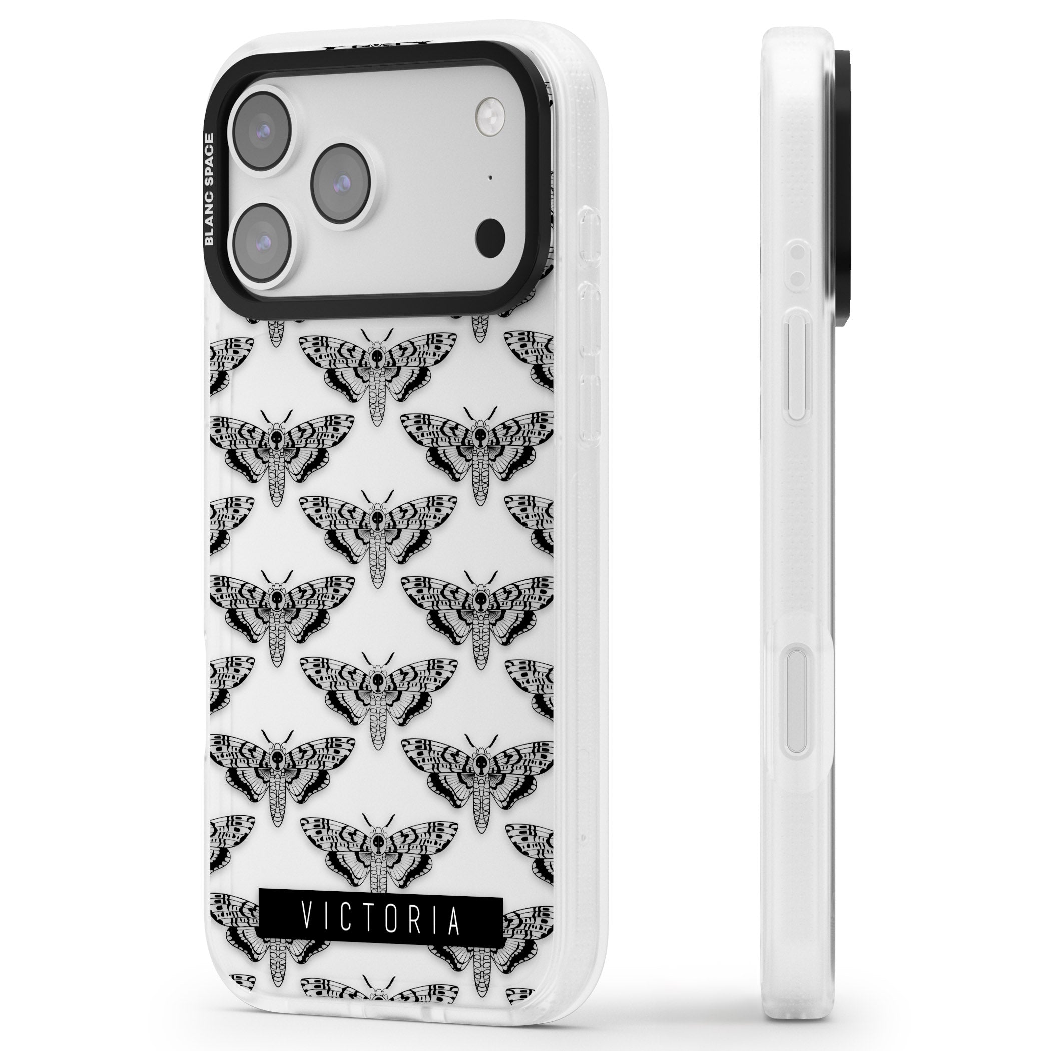 Personalised Hawk Moth Pattern iPhone 17 Pro Impact Air Clear Phone Case Side Profile