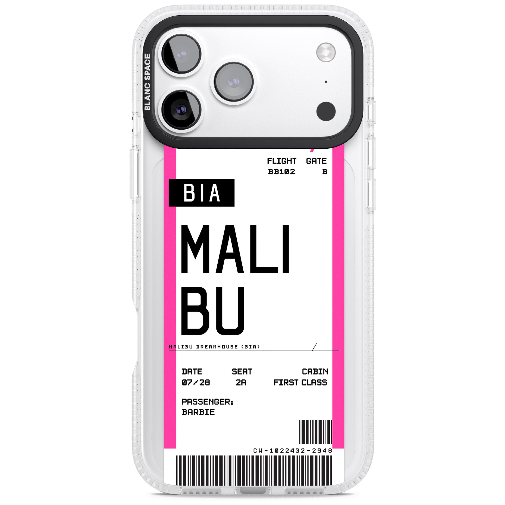 Personalised Pink Malibu Boarding Pass iPhone 17 Pro Impact Air Clear Phone Case