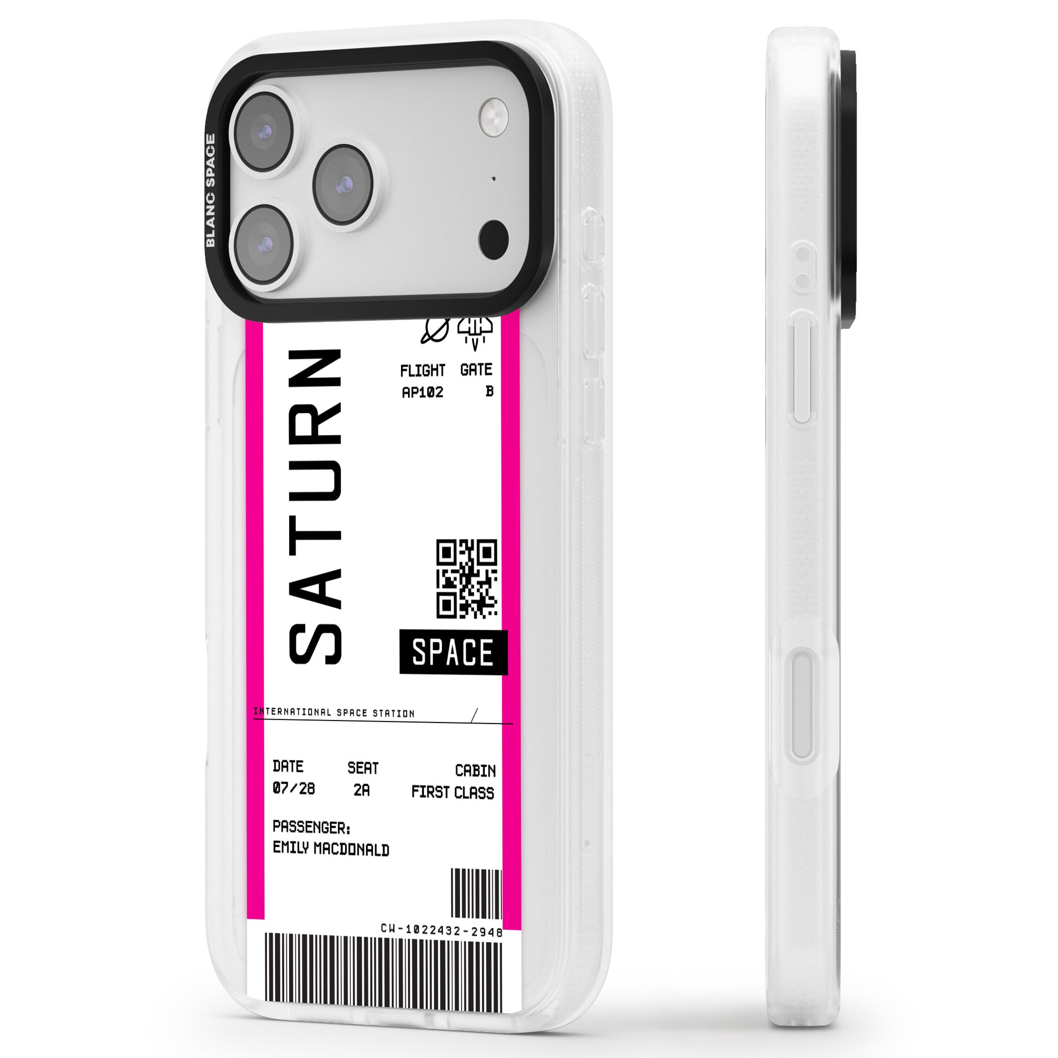 Personalised Saturn Travel Ticket iPhone 17 Pro Impact Air Clear Phone Case Side Profile