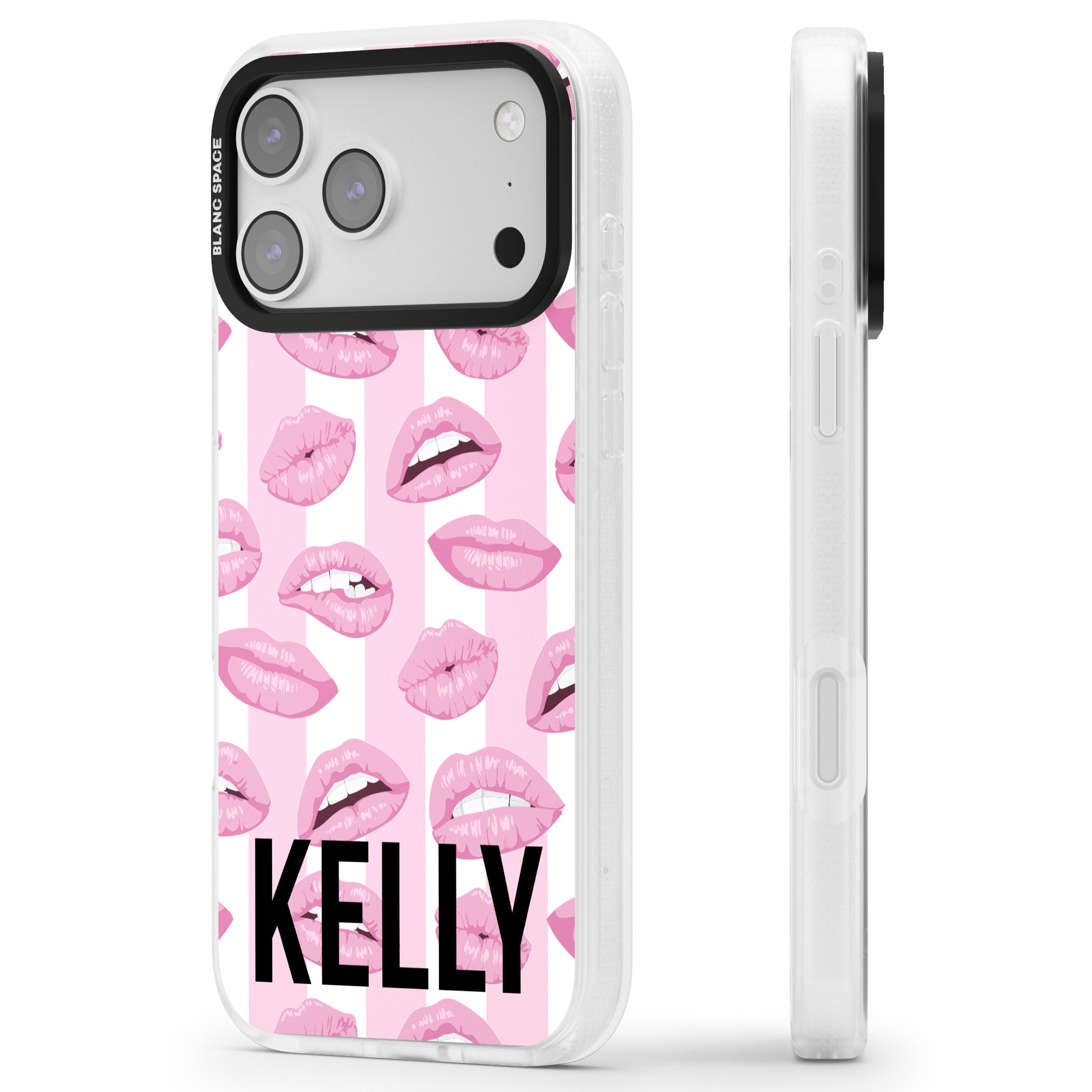 Personalised Pink Stripes & Lips iPhone 17 Pro Impact Air Clear Phone Case Side Profile