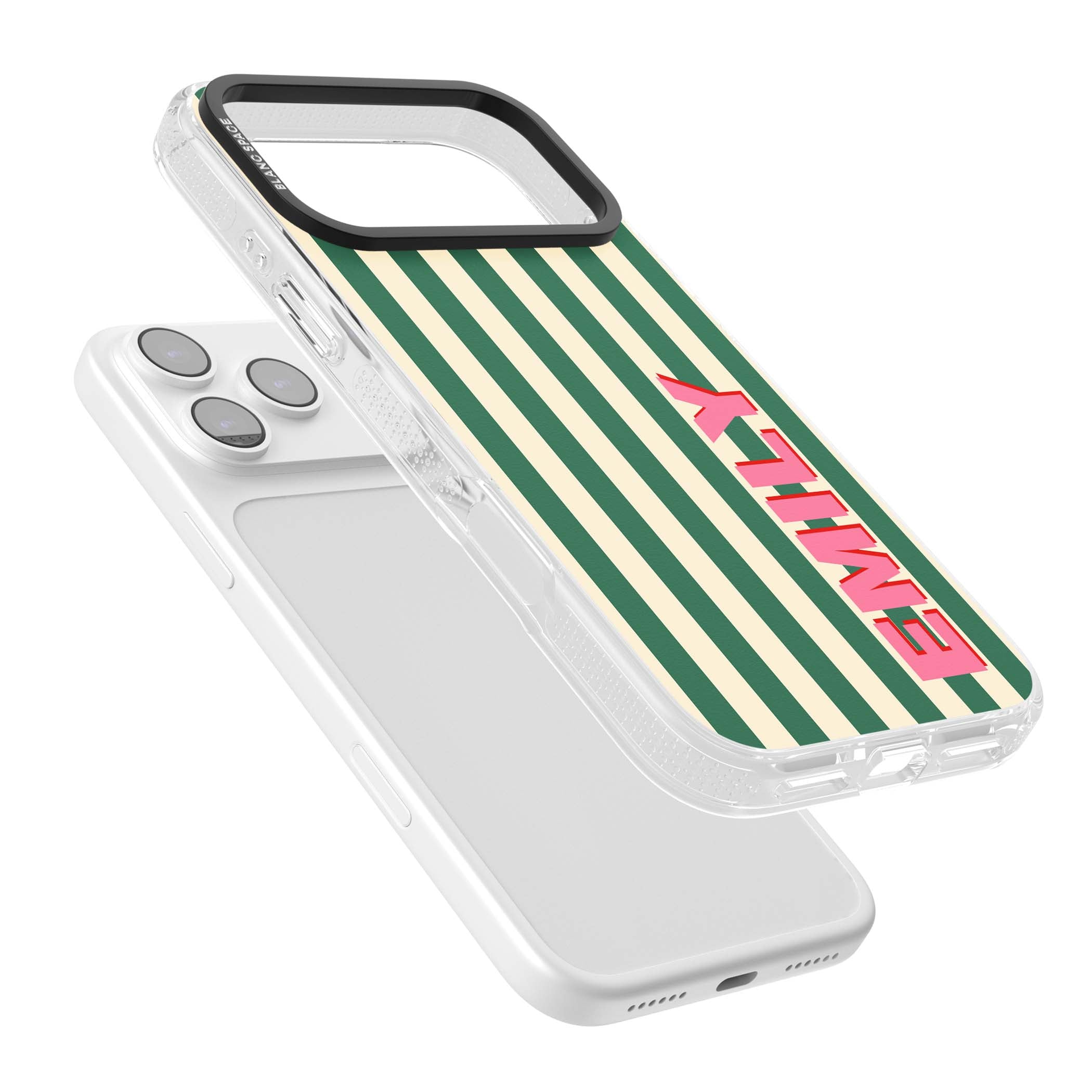 Wimbledon Stripe preppy iPhone case featuring green and cream vertical stripes with a personalised pink name | Clear Case Impact Air case for iPhone 17 Pro, iPhone 17 Pro Max