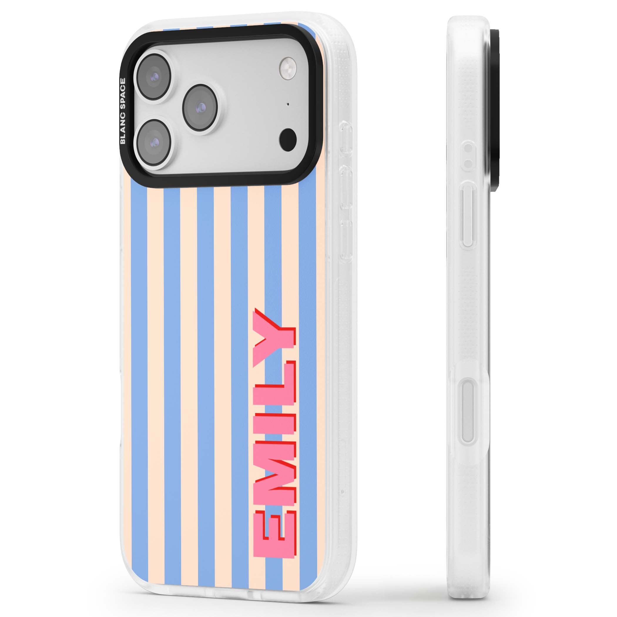 Coastal Stripe personalised coastal iPhone case with blue and peach vertical stripes and custom pink name | Clear Case Impact Air case for iPhone 17 Pro, iPhone 17 Pro Max