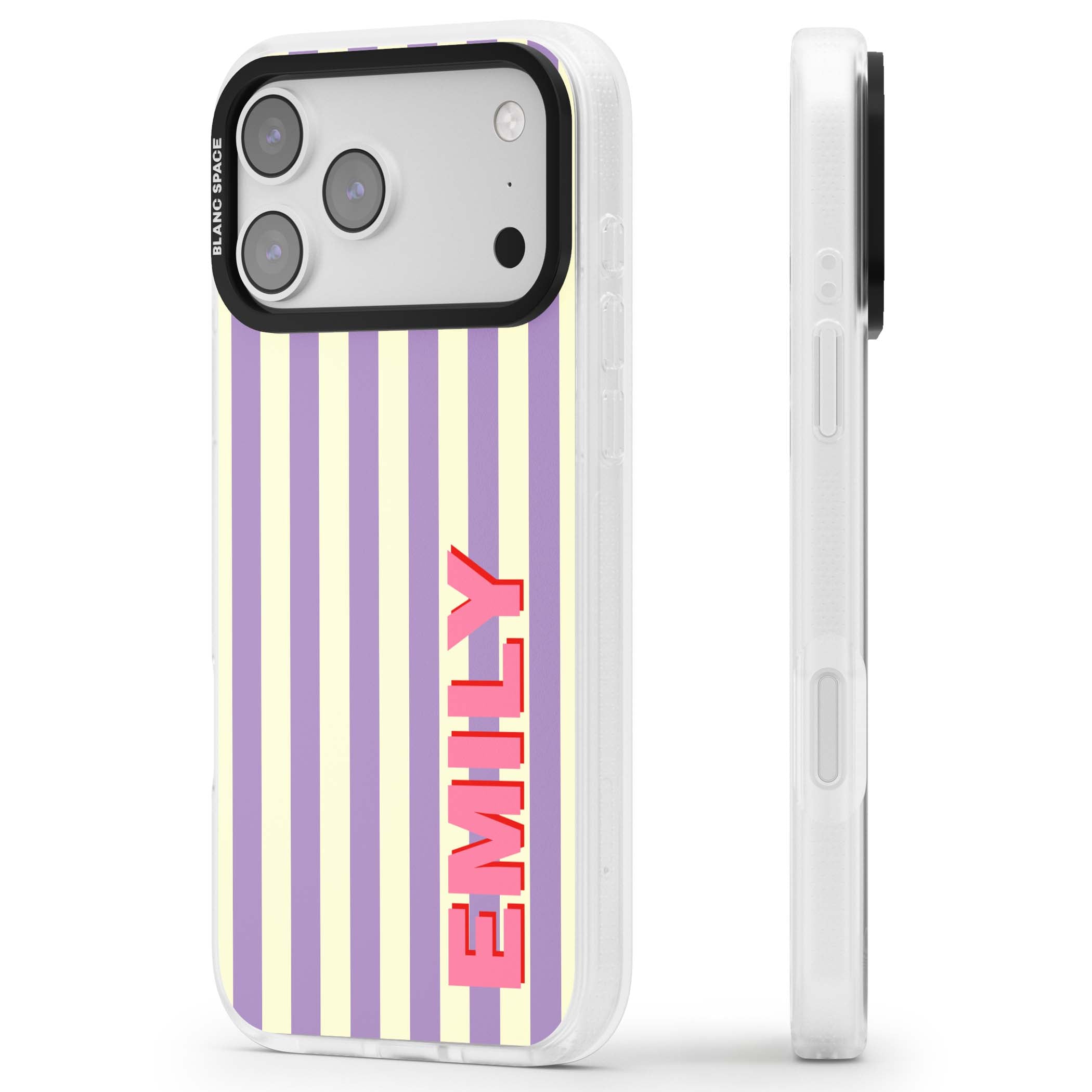 Valensole Stripe personalised iPhone case with purple and cream vertical stripes and pink custom name | Clear Case Impact Air case for iPhone 17 Pro, iPhone 17 Pro Max
