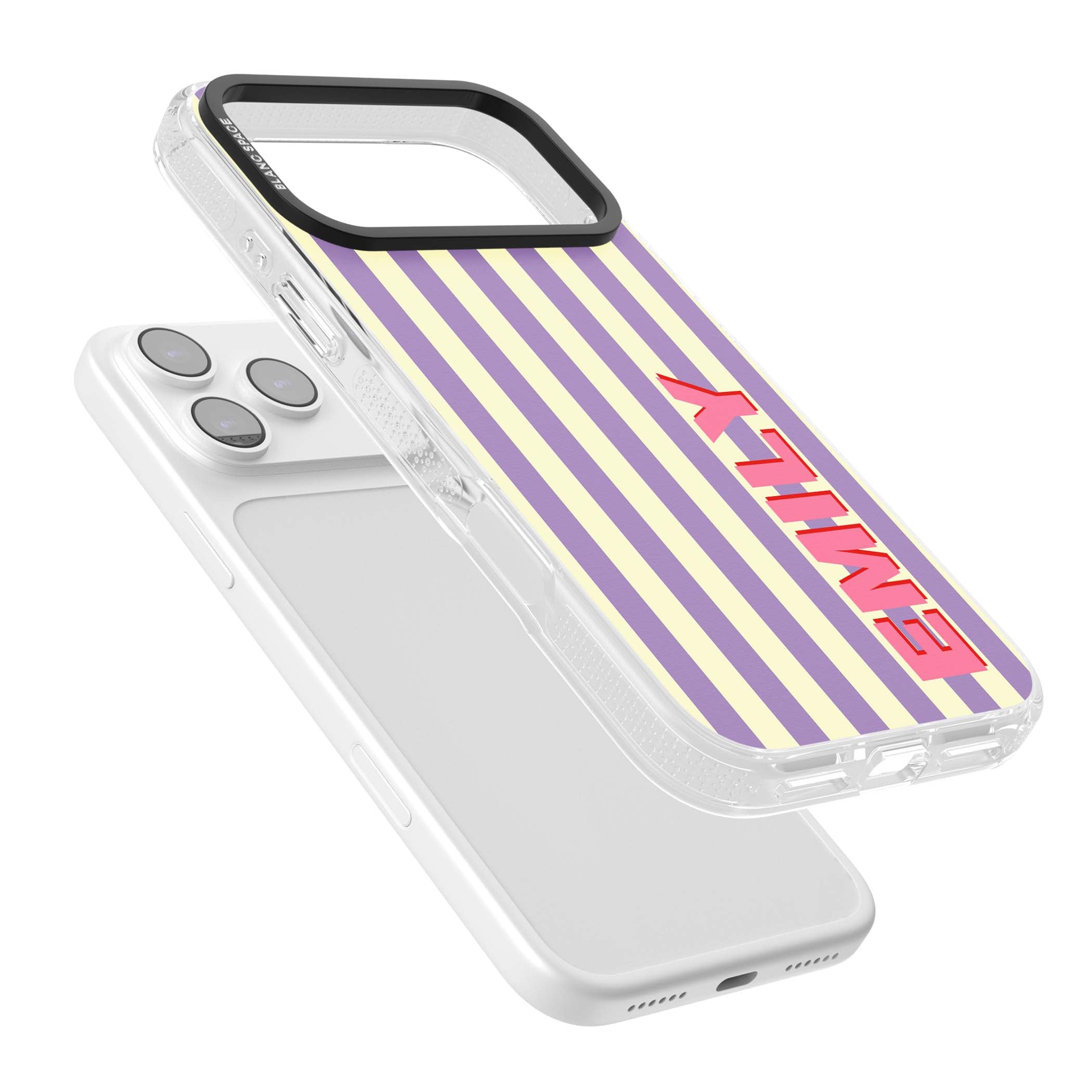 Valensole Stripe personalised iPhone case with purple and cream vertical stripes and pink custom name | Clear Case Impact Air case for iPhone 17 Pro, iPhone 17 Pro Max