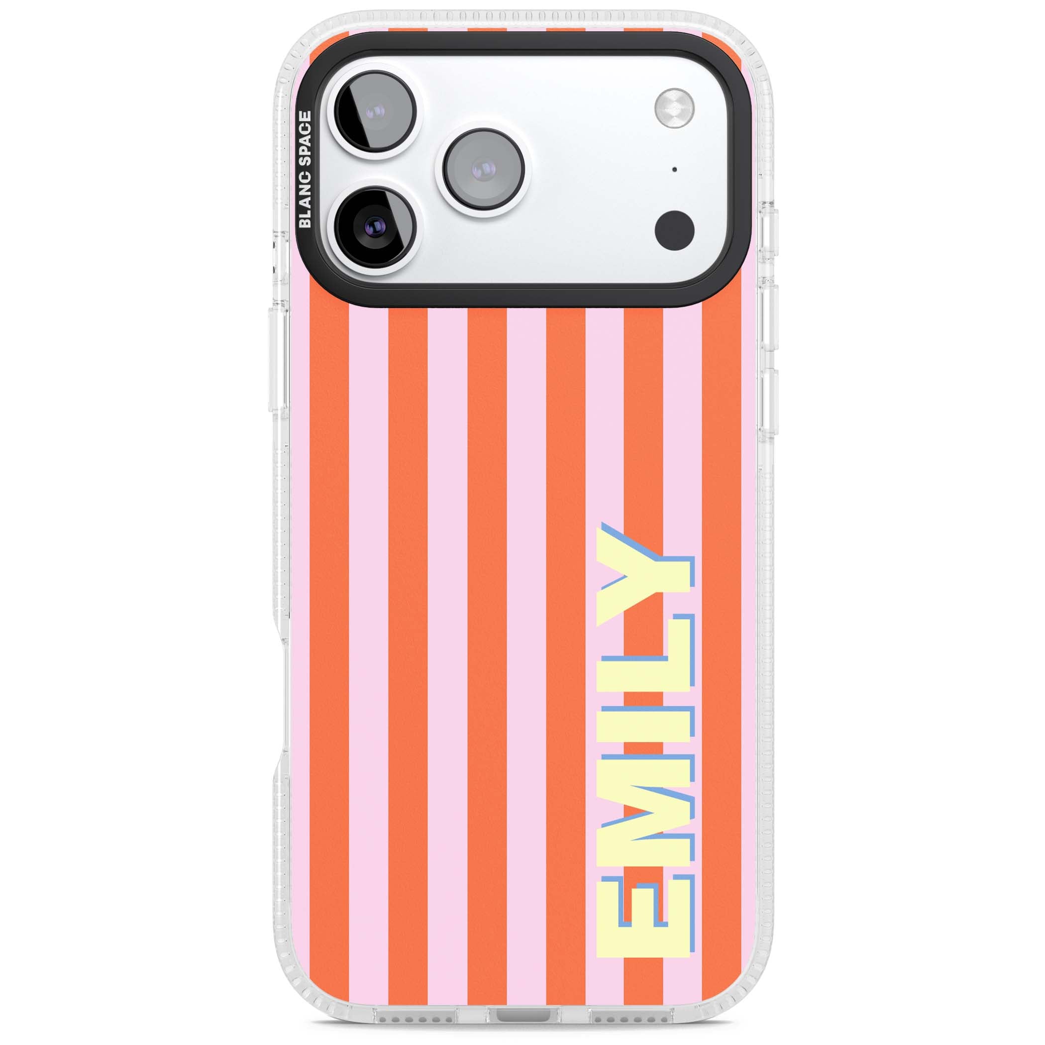 Havana Stripe personalised iPhone case featuring pink and orange vertical stripes with a custom yellow name | Clear Case Impact Air case for iPhone 17 Pro, iPhone 17 Pro Max
