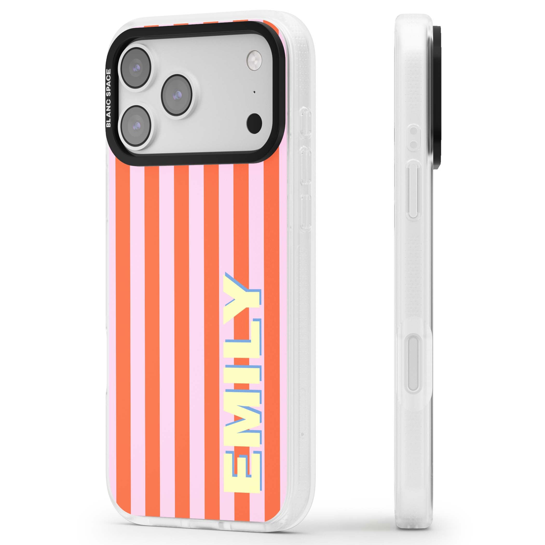 Havana Stripe personalised iPhone case featuring pink and orange vertical stripes with a custom yellow name | Clear Case Impact Air case for iPhone 17 Pro, iPhone 17 Pro Max