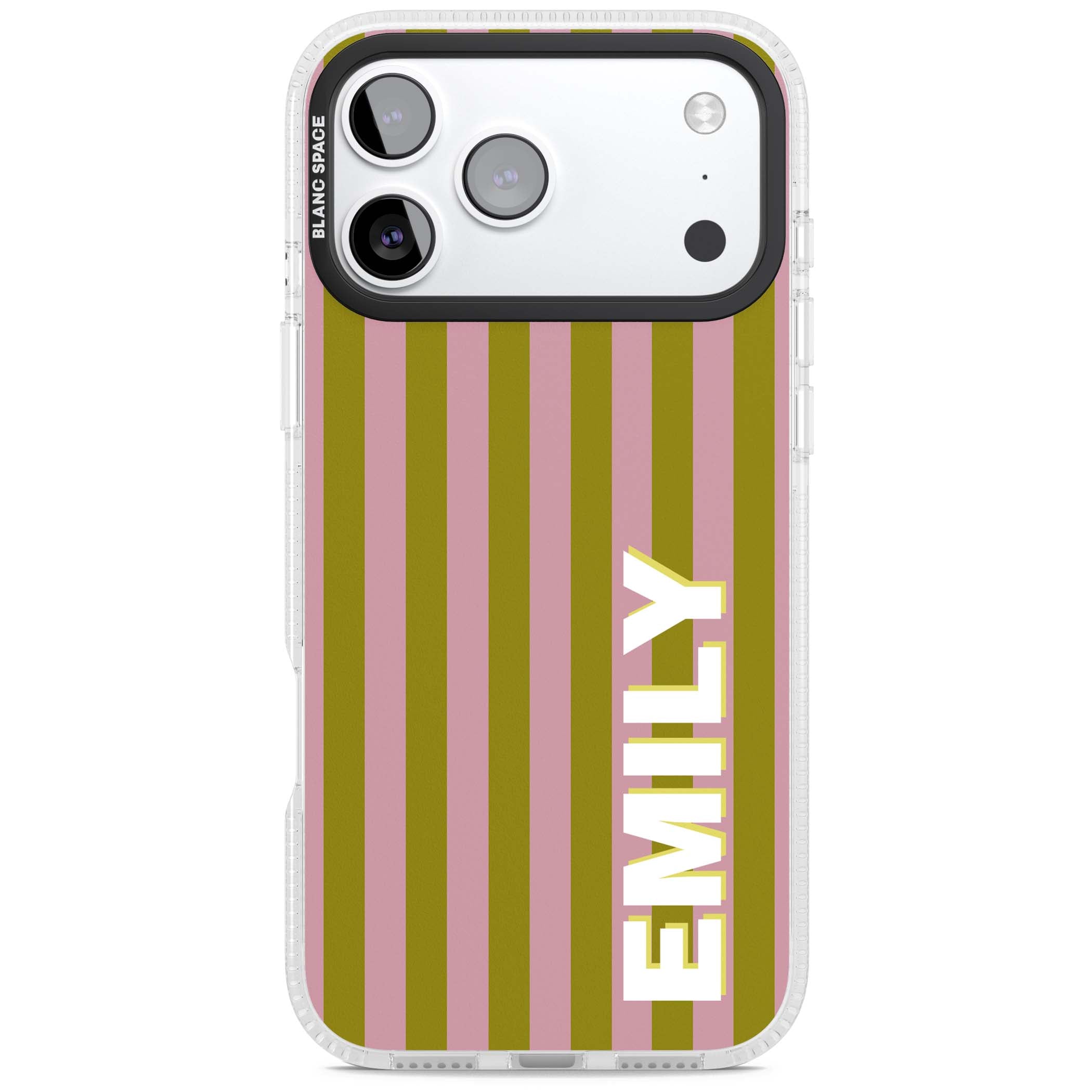 Istanbul Stripe personalised iPhone case featuring pink and olive green vertical stripes with a custom vertical name | Clear Case Impact Air case for iPhone 17 Pro, iPhone 17 Pro Max