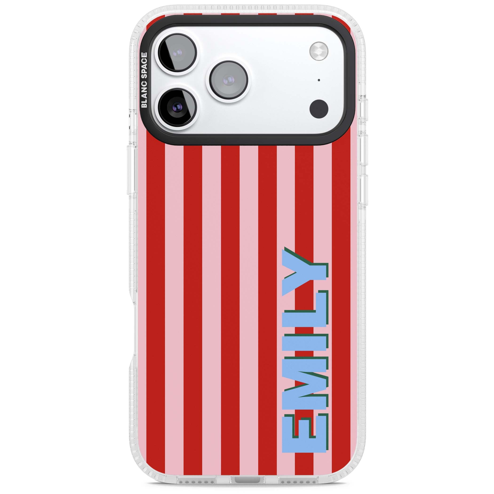 Market Stripe personalised iPhone case with red and pink vertical stripes and custom blue name | Clear Case Impact Air case for iPhone 17 Pro, iPhone 17 Pro Max