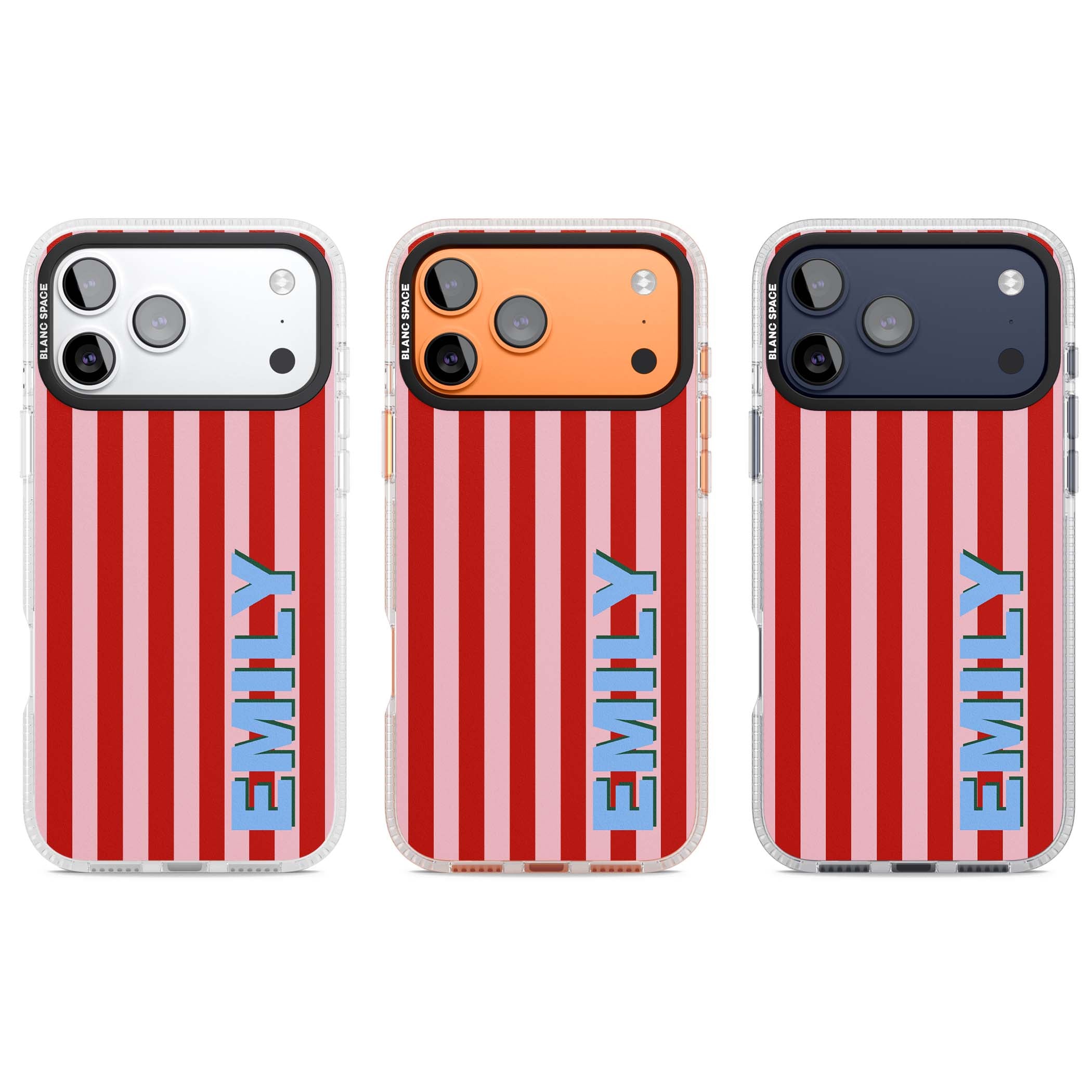 Market Stripe personalised iPhone case with red and pink vertical stripes and custom blue name | Clear Case Impact Air case for iPhone 17 Pro, iPhone 17 Pro Max