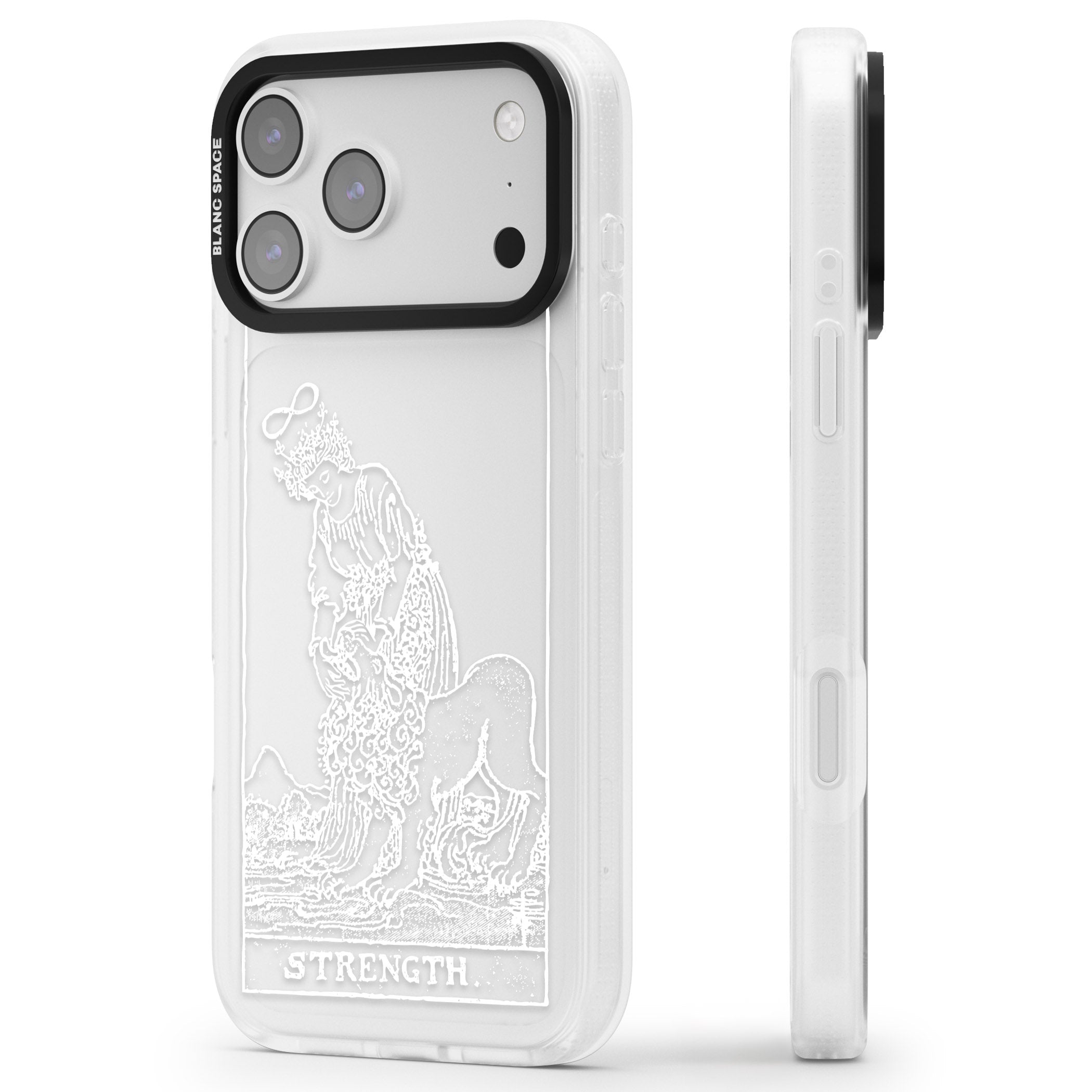 Personalised Strength Tarot Card (White) iPhone 17 Pro Impact Air Clear Phone Case Side Profile