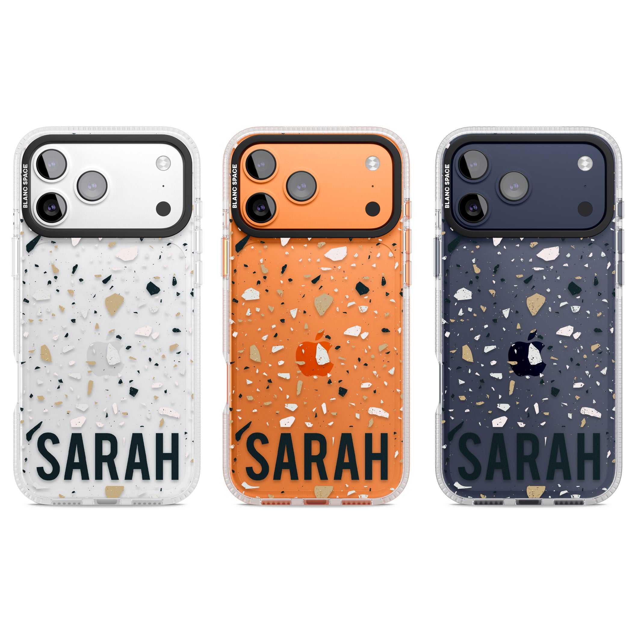 Personalised Terrazzo Blue, Pink, Brown iPhone 17 Pro Impact Air Clear Phone Case APT Impact Protection
