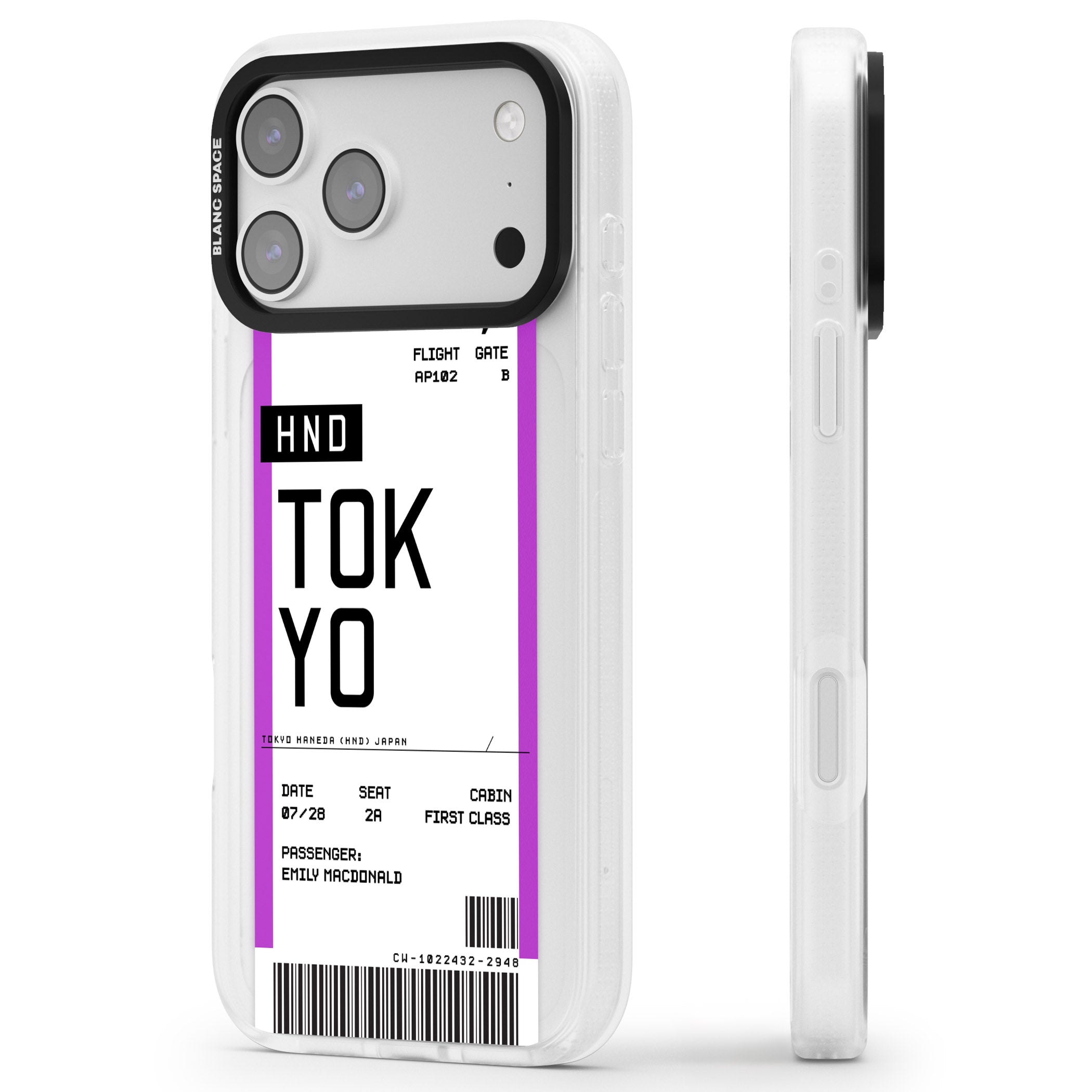 Personalised Tokyo Boarding Pass iPhone 17 Pro Impact Air Clear Phone Case Side Profile