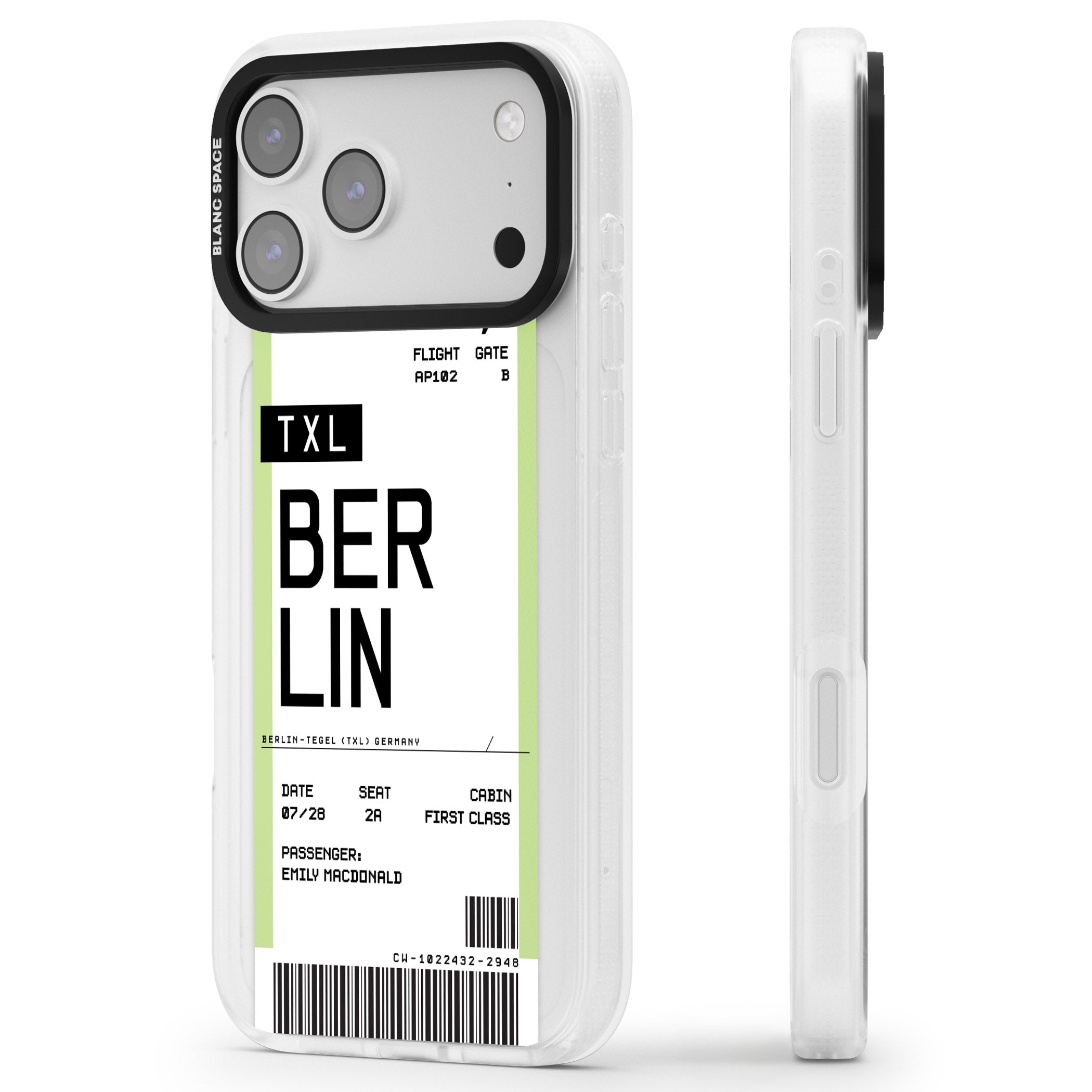 Personalised Berlin Boarding Pass iPhone 17 Pro Impact Air Clear Phone Case Side Profile