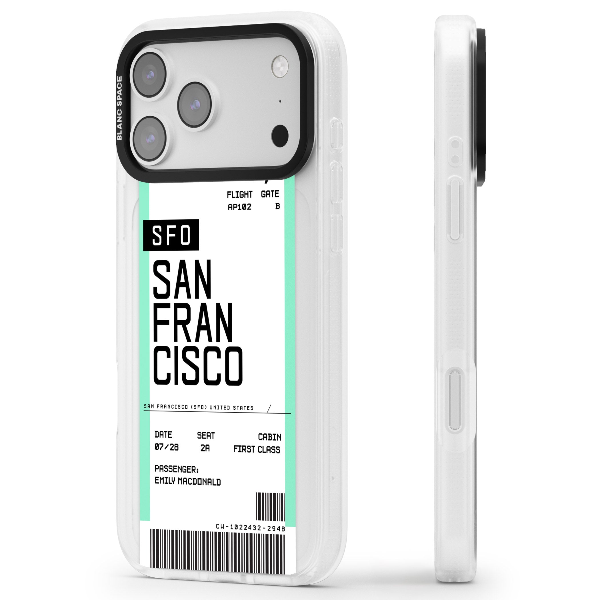 Personalised San Francisco Boarding Pass iPhone 17 Pro Impact Air Clear Phone Case Side Profile