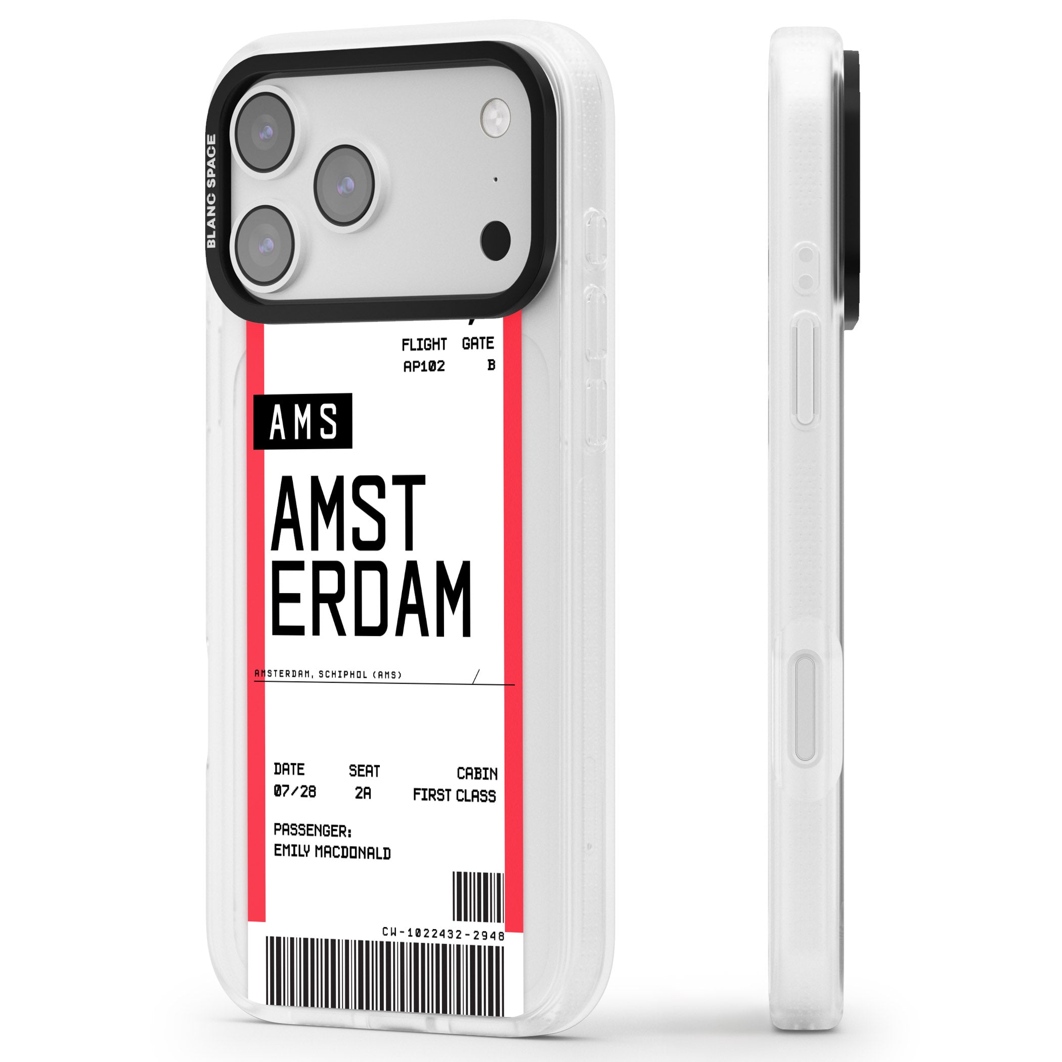 Personalised Amsterdam Boarding Pass iPhone 17 Pro Impact Air Clear Phone Case Side Profile