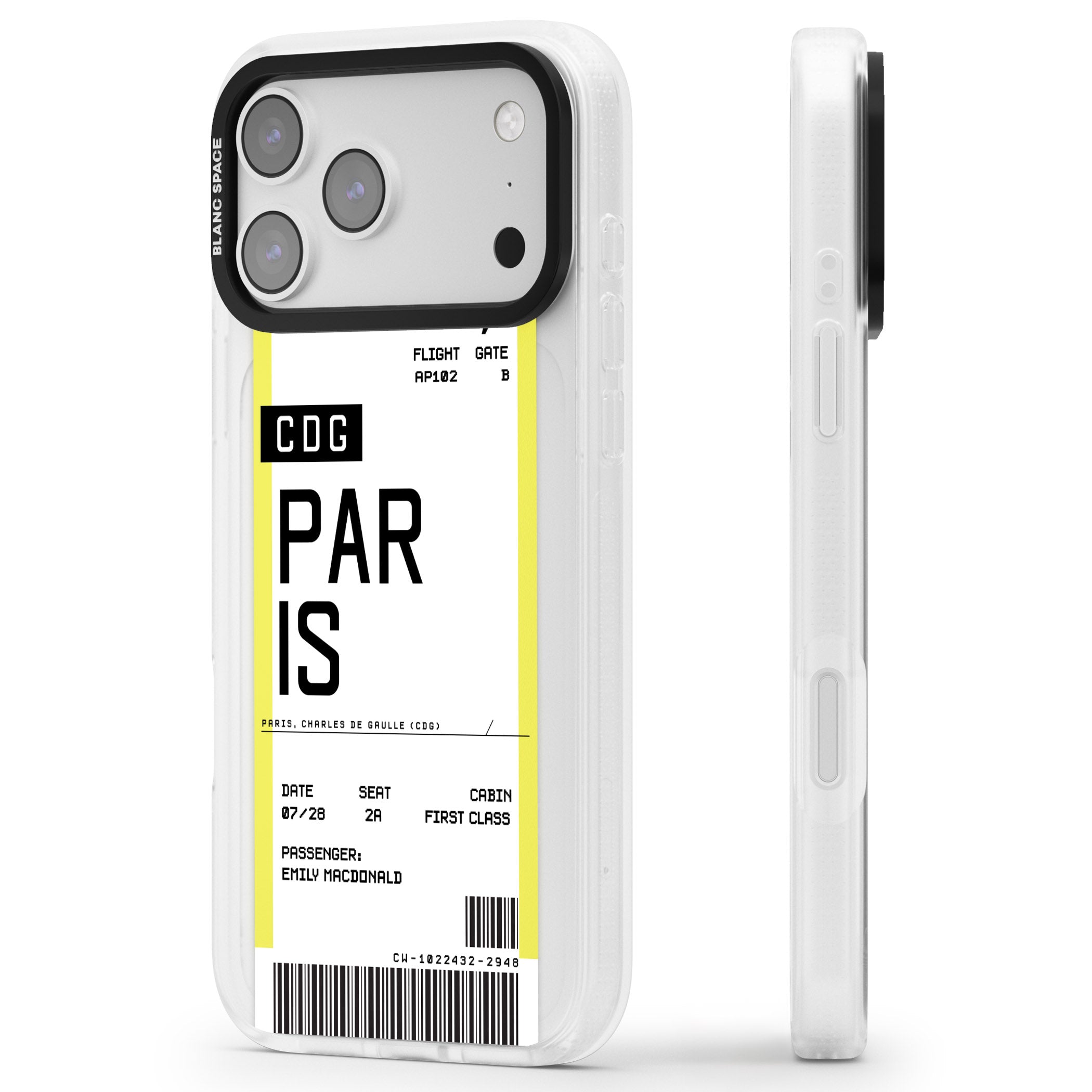 Personalised Paris Boarding Pass iPhone 17 Pro Impact Air Clear Phone Case Side Profile