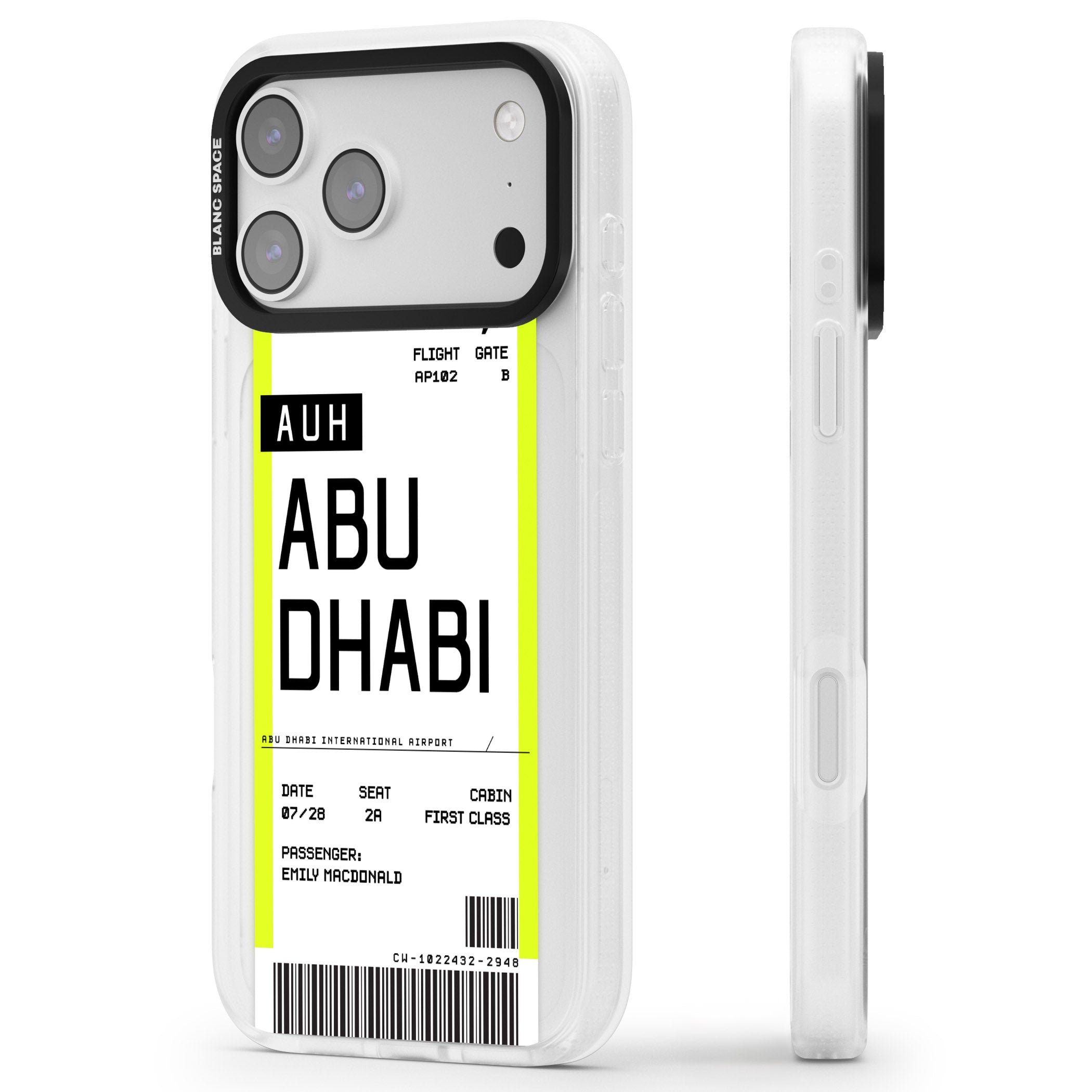 Personalised Abu Dhabi Boarding Pass iPhone 17 Pro Impact Air Clear Phone Case Side Profile